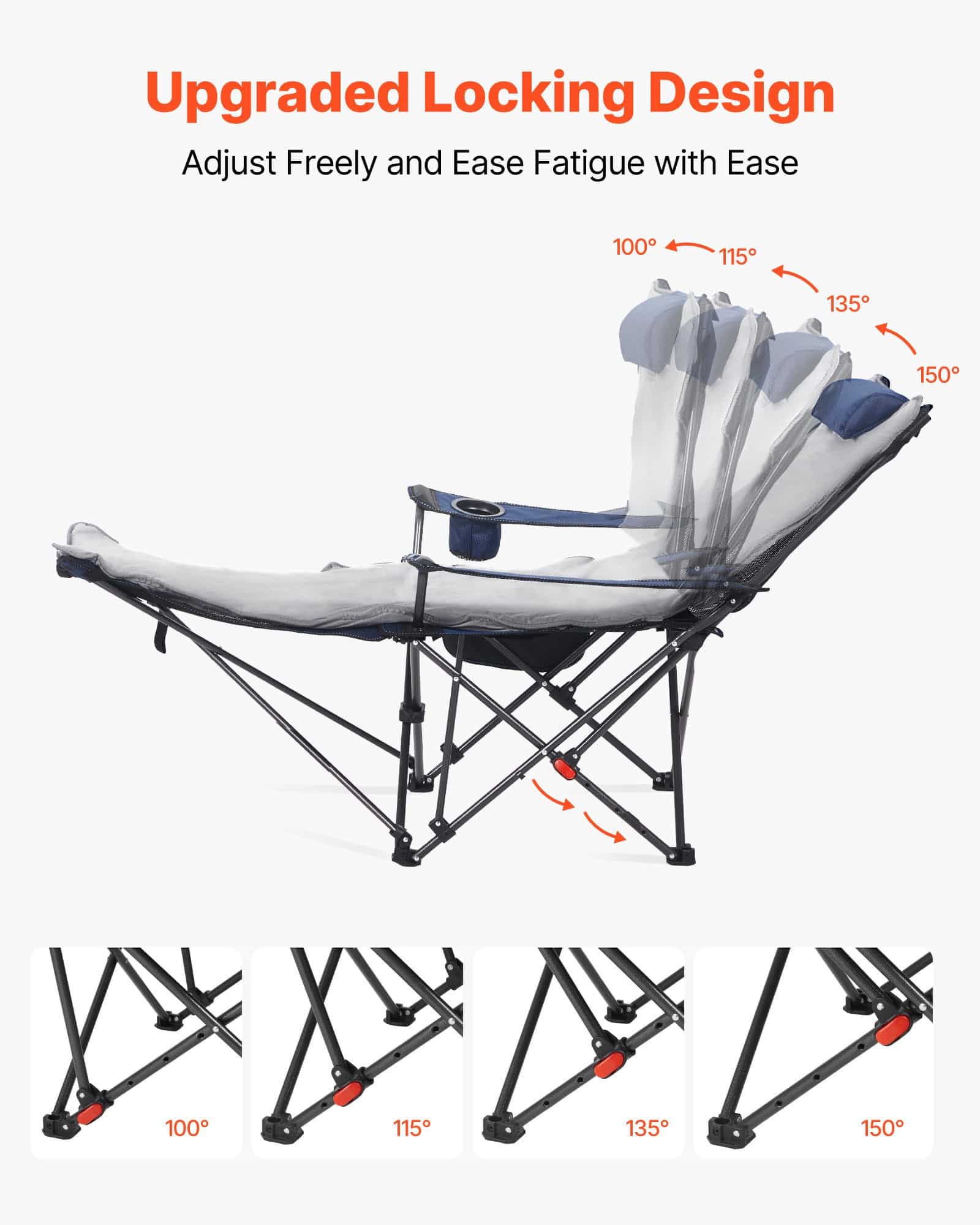VEVOR Reclining Camping Chair with Footrest, 4-Position Adjustable, Folding Mesh Lounger with Cushion, 100 kg Capacity, Blue — attēls 4