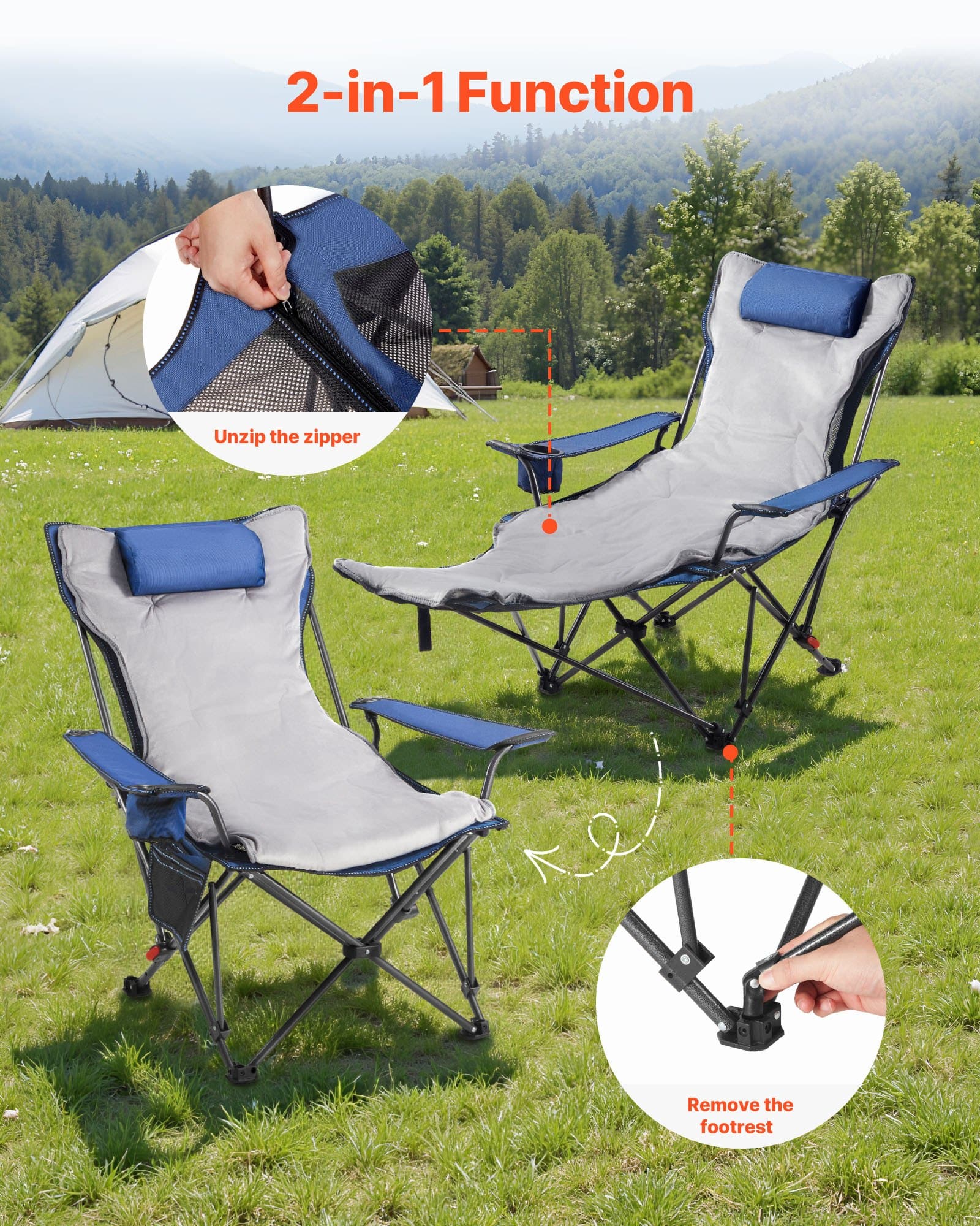 VEVOR Reclining Camping Chair with Footrest, 4-Position Adjustable, Folding Mesh Lounger with Cushion, 100 kg Capacity, Blue — attēls 5