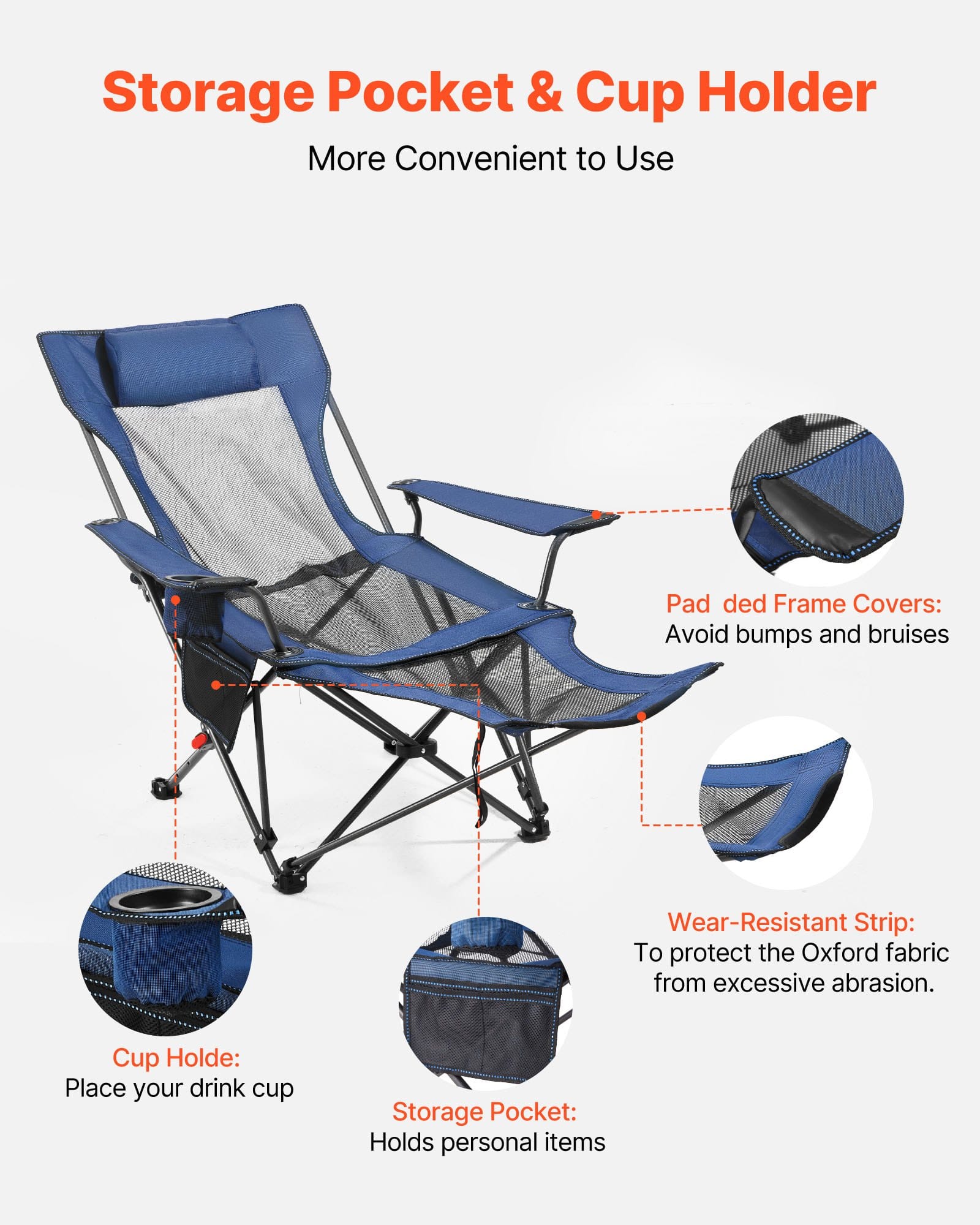VEVOR Reclining Camping Chair with Footrest, 4-Position Adjustable, Folding Mesh Lounger with Cushion, 100 kg Capacity, Blue — attēls 6