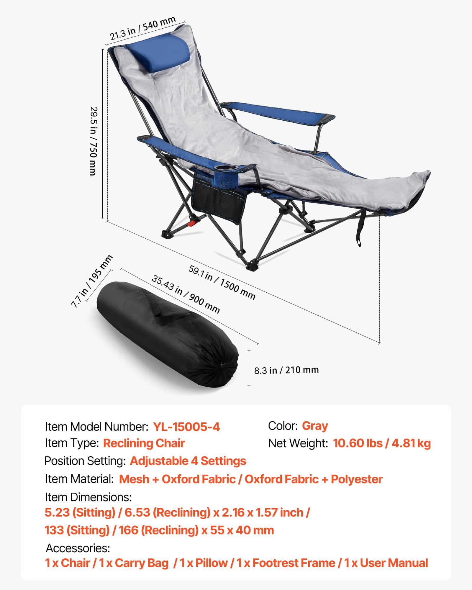 VEVOR Reclining Camping Chair with Footrest, 4-Position Adjustable, Folding Mesh Lounger with Cushion, 100 kg Capacity, Blue — attēls 7