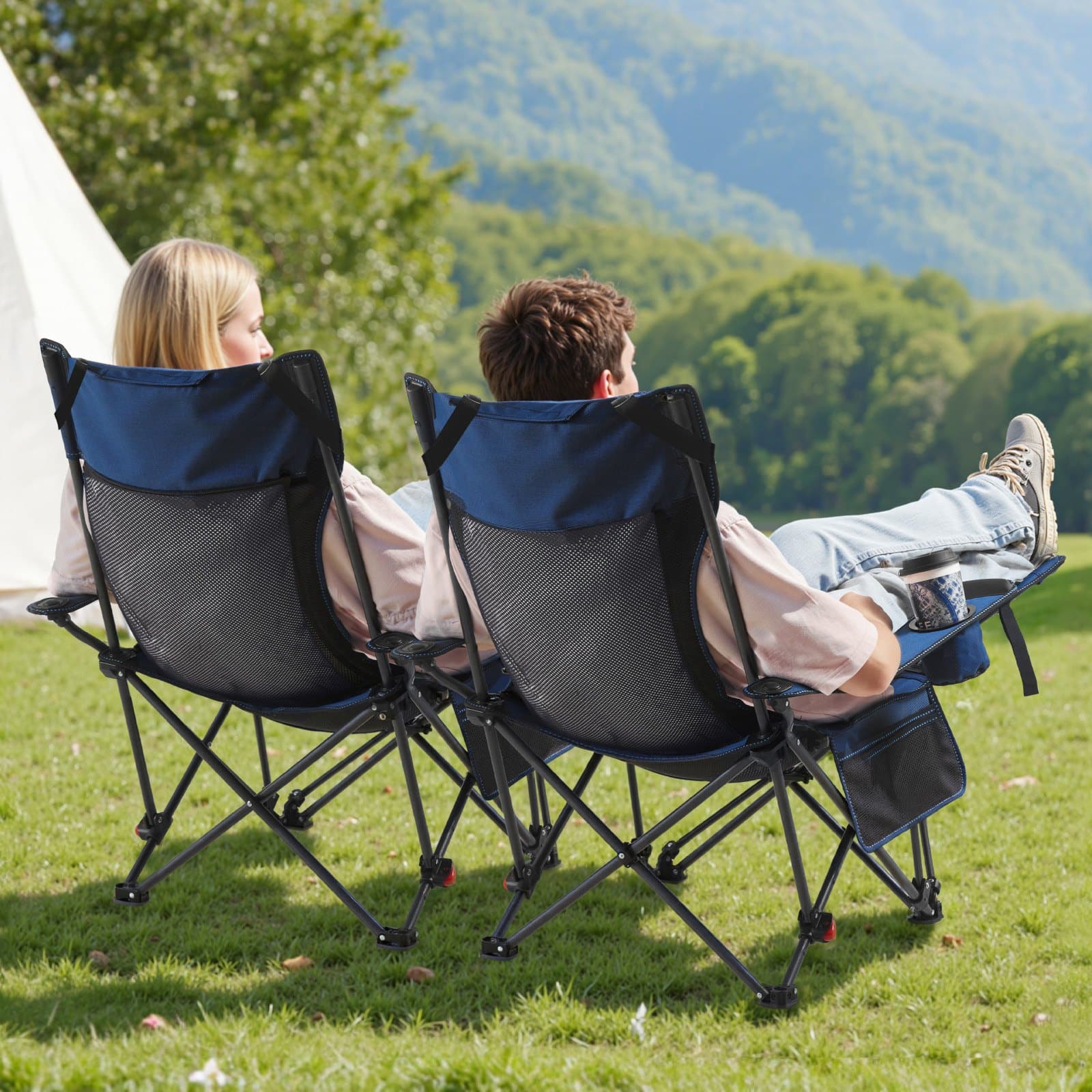 VEVOR Reclining Camping Chair with Footrest, 4-Position Adjustable, Folding Mesh Lounger with Cushion, 100 kg Capacity, Blue — attēls 8
