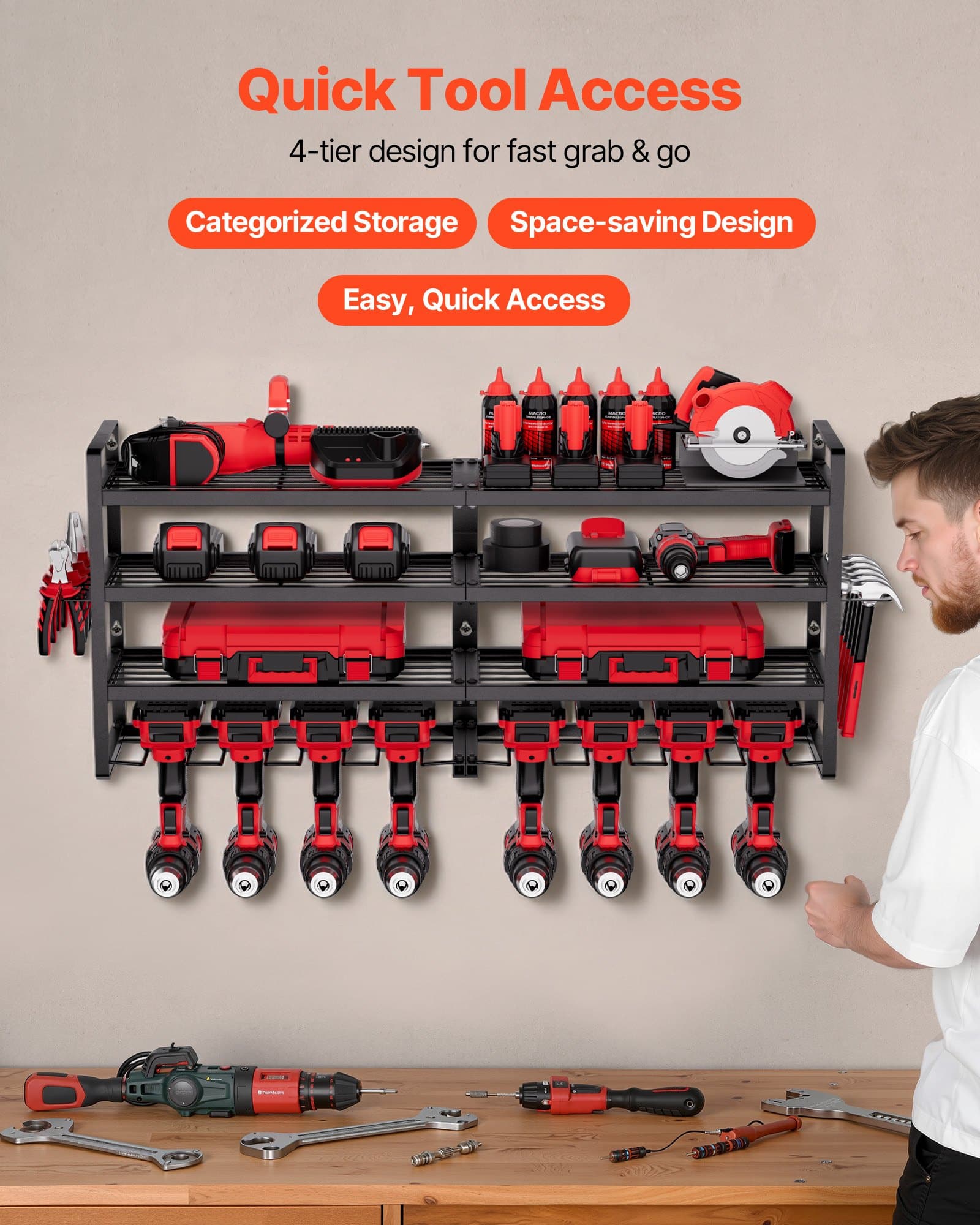 VEVOR 4-Tier Wall Mount Power Tool Organizer with 8 Drill Holders & Side Rack, Carbon Steel Storage for Garage & Workshop — Attēls 2