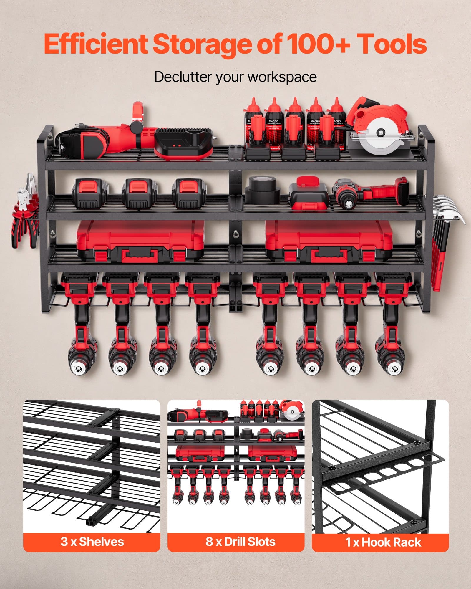 VEVOR 4-Tier Wall Mount Power Tool Organizer with 8 Drill Holders & Side Rack, Carbon Steel Storage for Garage & Workshop — Attēls 4