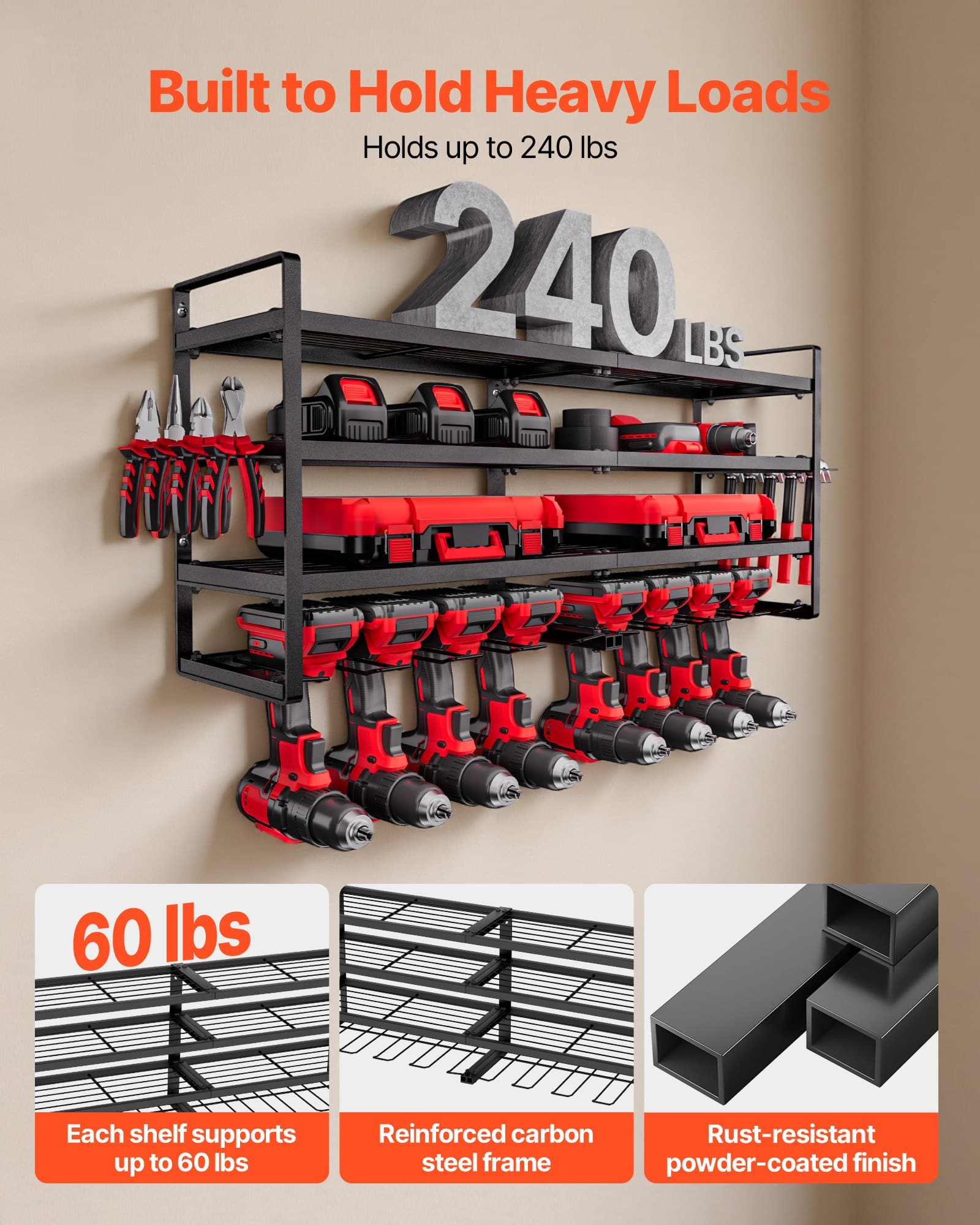 VEVOR 4-Tier Wall Mount Power Tool Organizer with 8 Drill Holders & Side Rack, Carbon Steel Storage for Garage & Workshop — Attēls 5