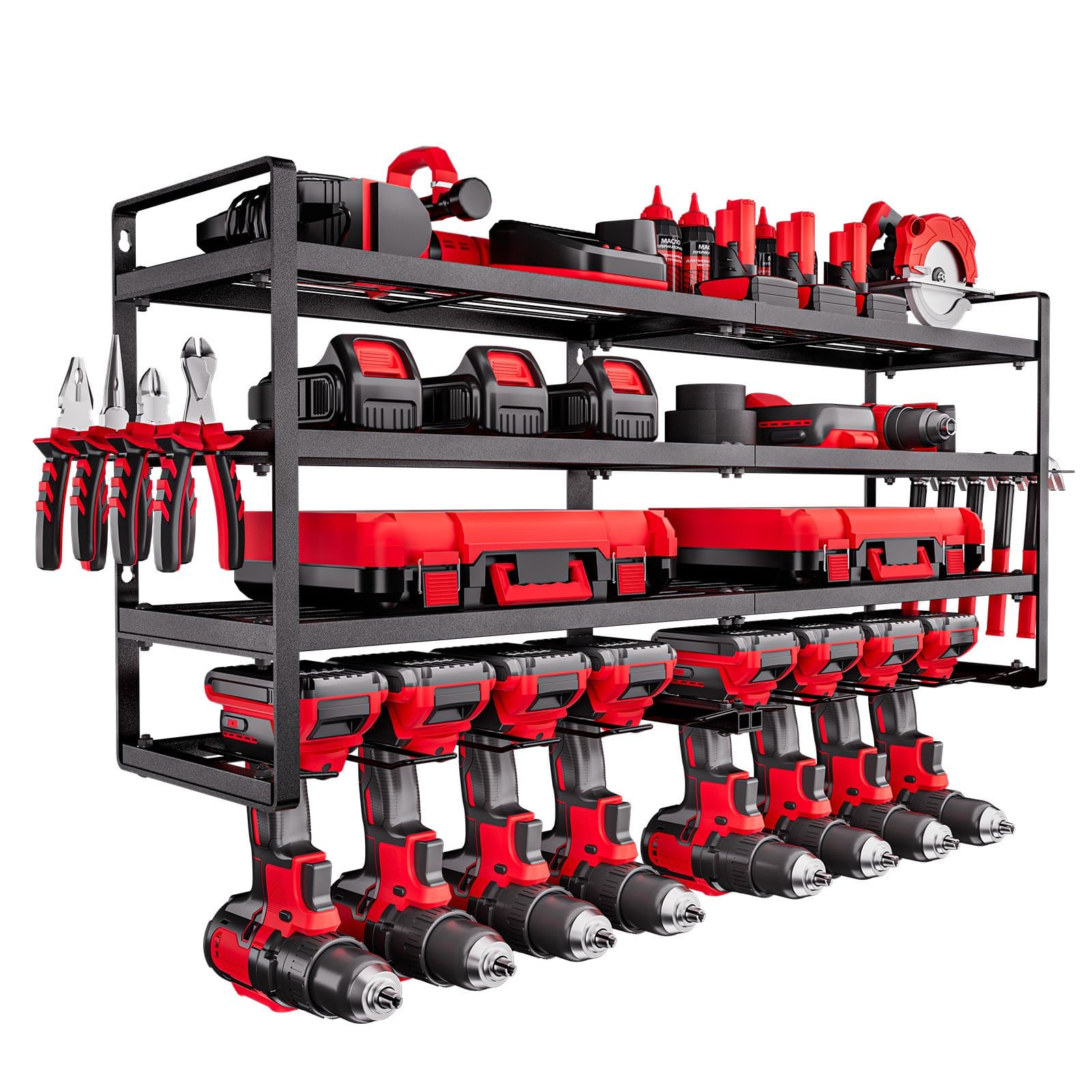 VEVOR 4-Tier Wall Mount Power Tool Organizer with 8 Drill Holders & Side Rack, Carbon Steel Storage for Garage & Workshop