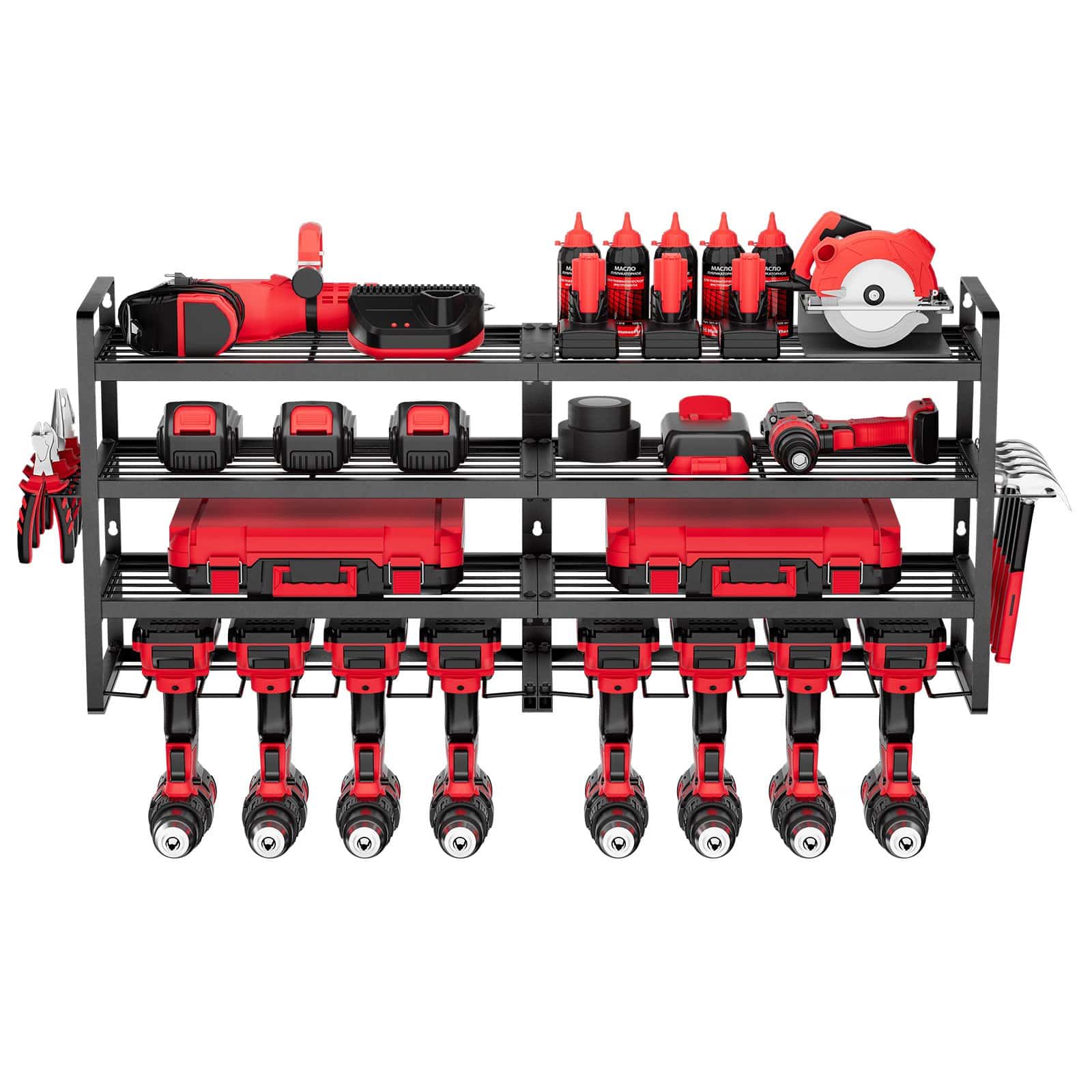 VEVOR 4-Tier Wall Mount Power Tool Organizer with 8 Drill Holders & Side Rack, Carbon Steel Storage for Garage & Workshop — Attēls 10