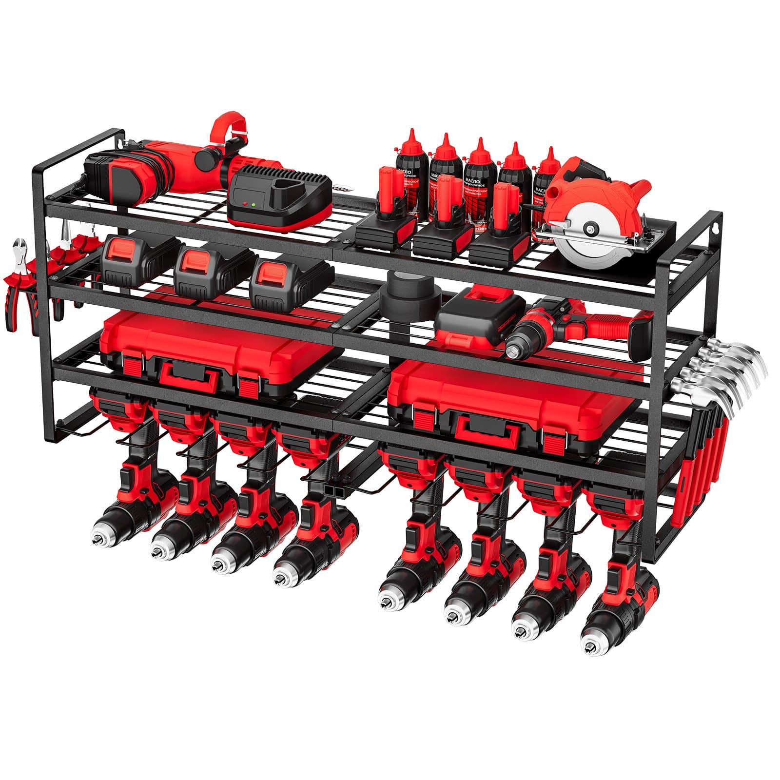 VEVOR 4-Tier Wall Mount Power Tool Organizer with 8 Drill Holders & Side Rack, Carbon Steel Storage for Garage & Workshop — Attēls 11