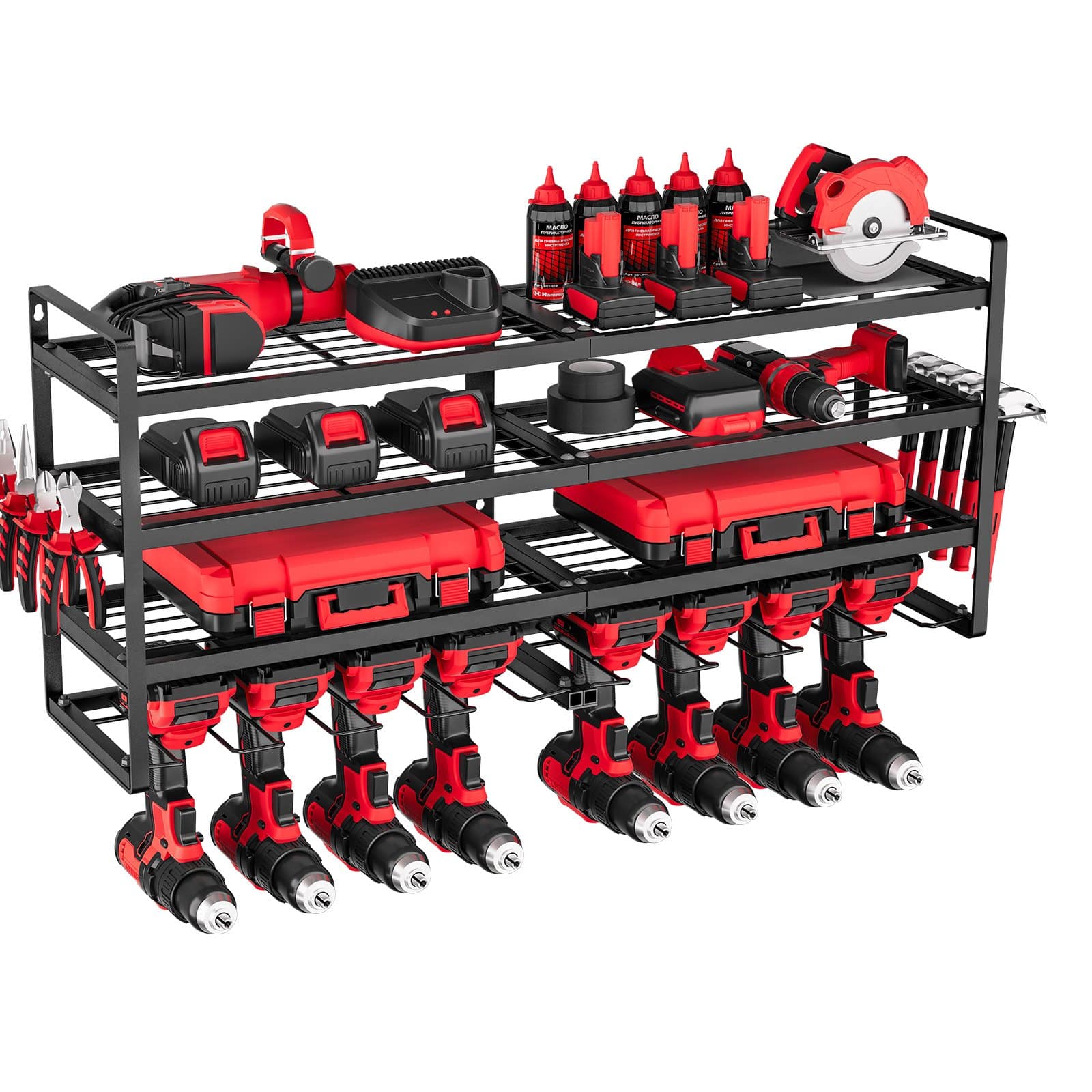 VEVOR 4-Tier Wall Mount Power Tool Organizer with 8 Drill Holders & Side Rack, Carbon Steel Storage for Garage & Workshop — Attēls 12