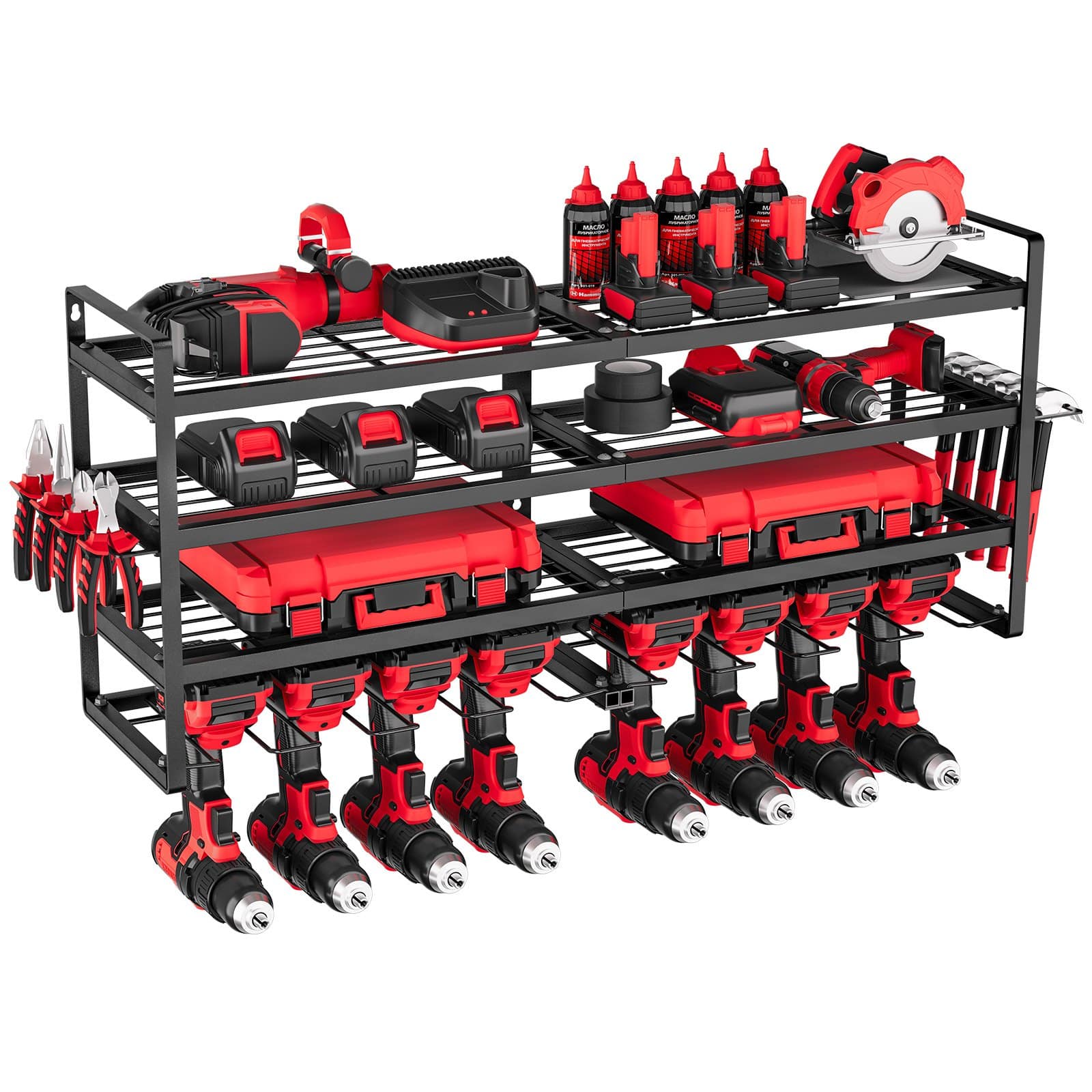 VEVOR 4-Tier Wall Mount Power Tool Organizer with 8 Drill Holders & Side Rack, Carbon Steel Storage for Garage & Workshop — Attēls 9