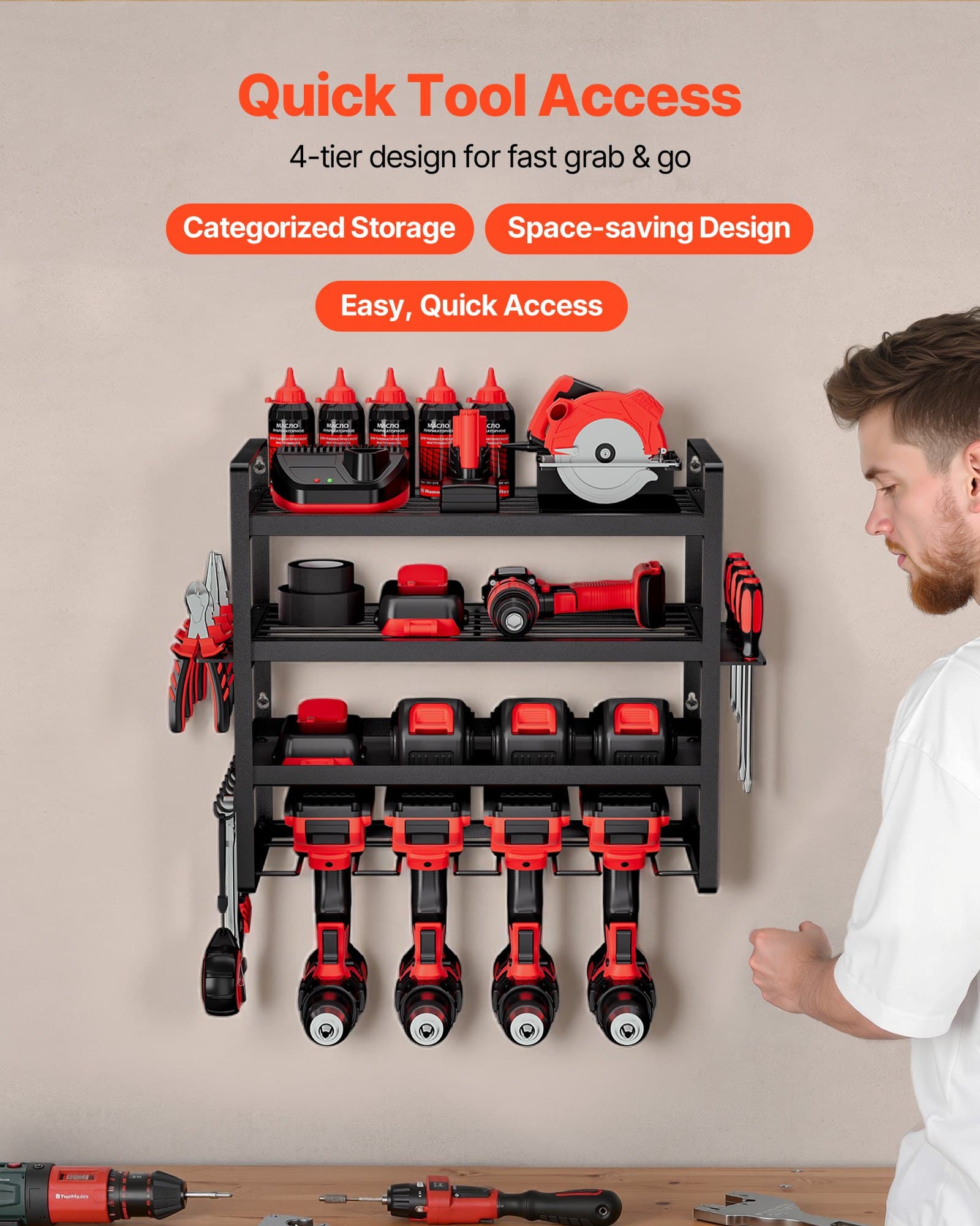 VEVOR 4-Tier Wall Mounted Power Tool Organizer with 4 Drill Holders & Screwdriver Rack, 50+ Tool Storage for Garage/Workshop — изображение 2