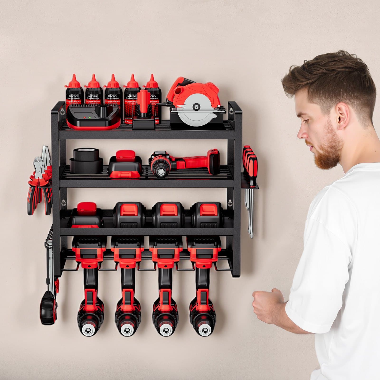 VEVOR 4-Tier Wall Mounted Power Tool Organizer with 4 Drill Holders & Screwdriver Rack, 50+ Tool Storage for Garage/Workshop — изображение 8