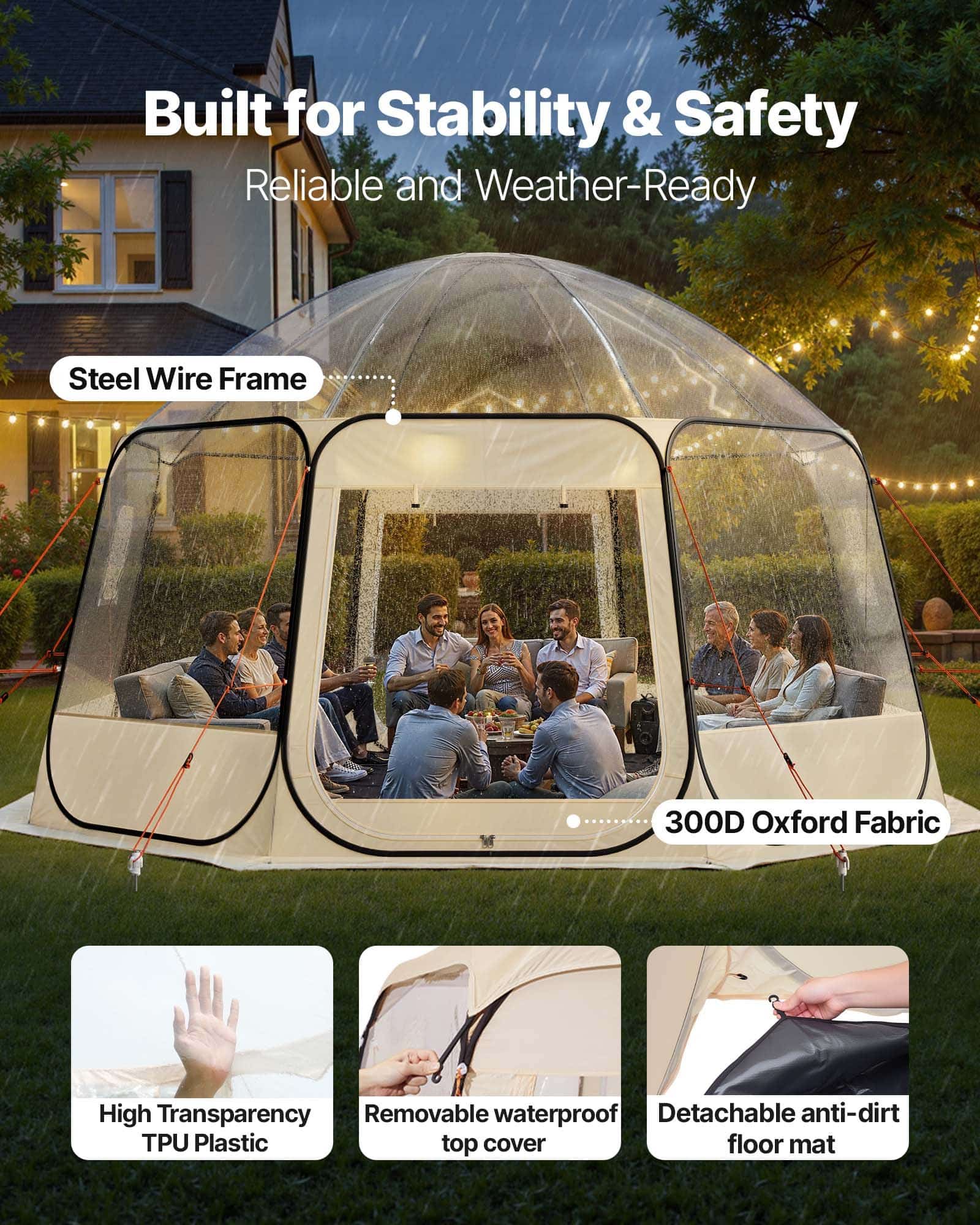 VEVOR Clear Pop-Up Bubble Tent 4.58 x 4.32 m, Waterproof UV-Resistant Dome for 12-15 People, Outdoor Patio Igloo Shelter - Image 3