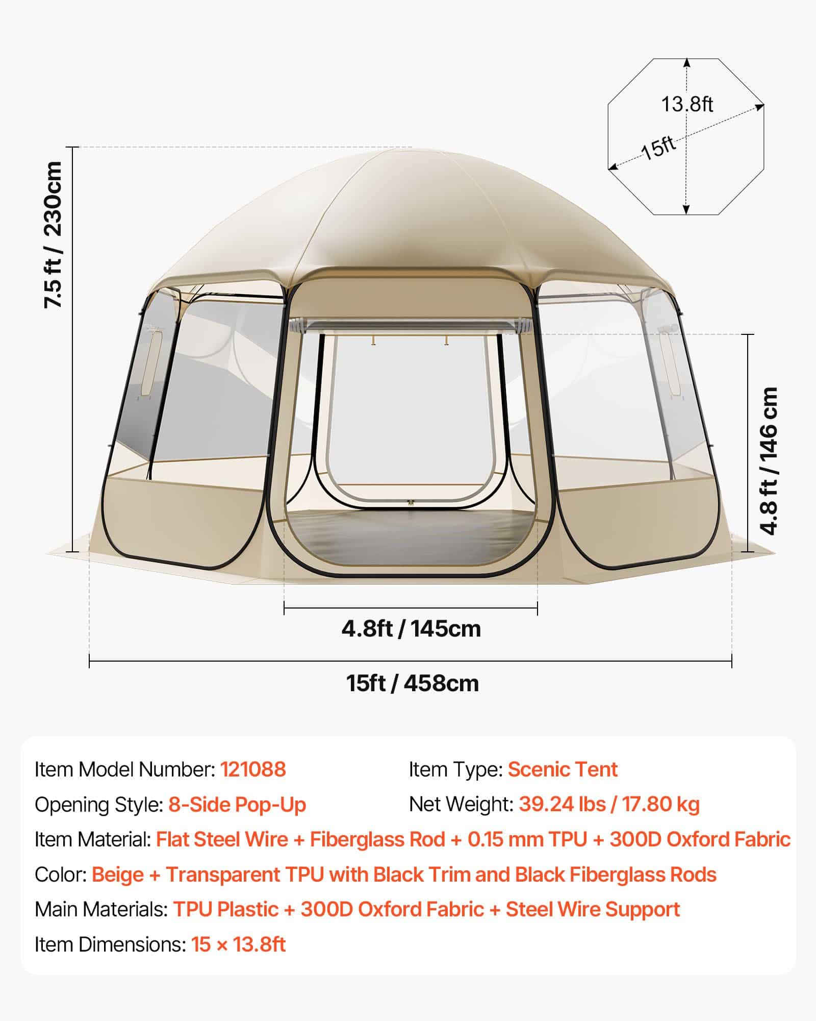 VEVOR Clear Pop-Up Bubble Tent 4.58 x 4.32 m, Waterproof UV-Resistant Dome for 12-15 People, Outdoor Patio Igloo Shelter - Image 7
