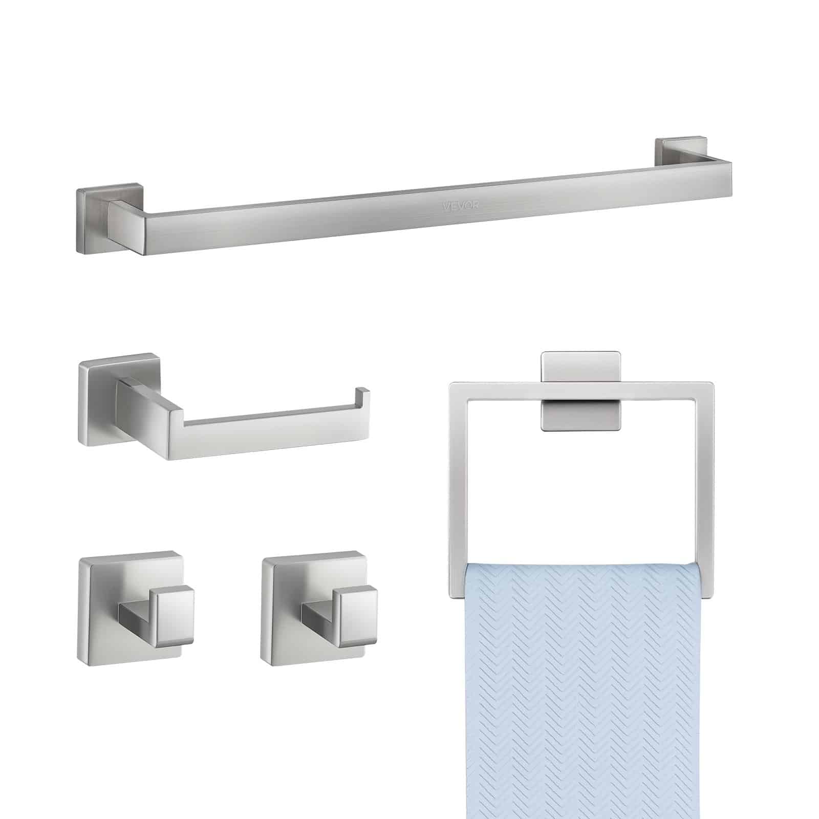 VEVOR 5-Piece Brushed Nickel набір обладнання для ванної кімнати, 2 шт з нержавіючої сталі для настінного рушника бар 60 см, стійка, гачки & тримач паперу