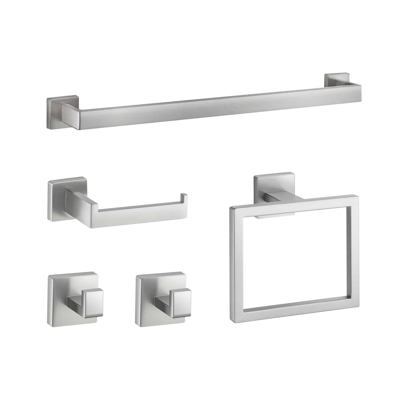 VEVOR 5-Piece Brushed Nickel Bathroom Hardware Set – Stainless Steel Wall-Mounted Towel Bar 60cm, Rack, Hooks & Paper Holder - Зображення 9