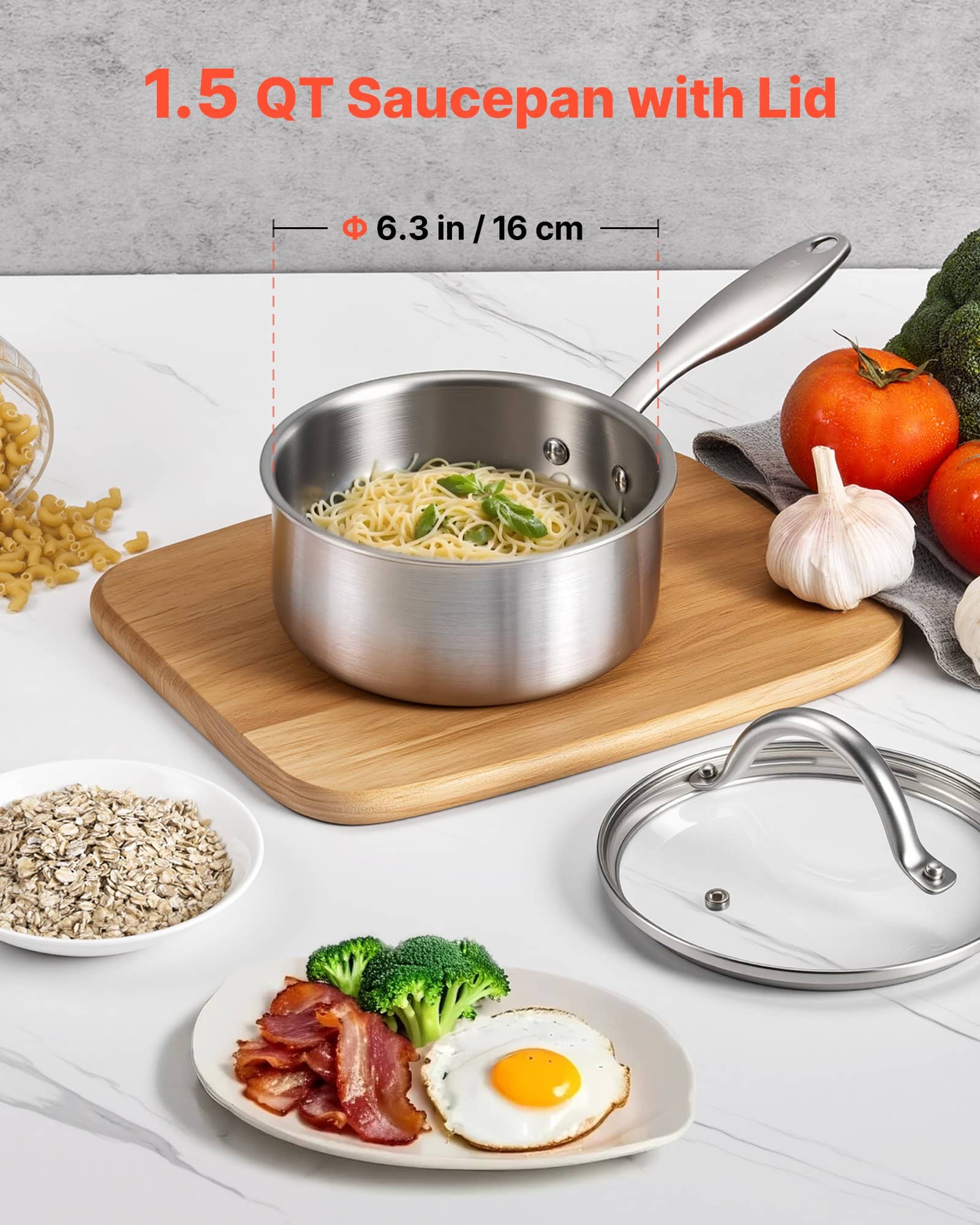 VEVOR 1.4L Stainless Steel Saucepan with Glass Lid, Nonstick Tri-Ply Pot for Induction, Oven & Dishwasher Safe — изображение 2