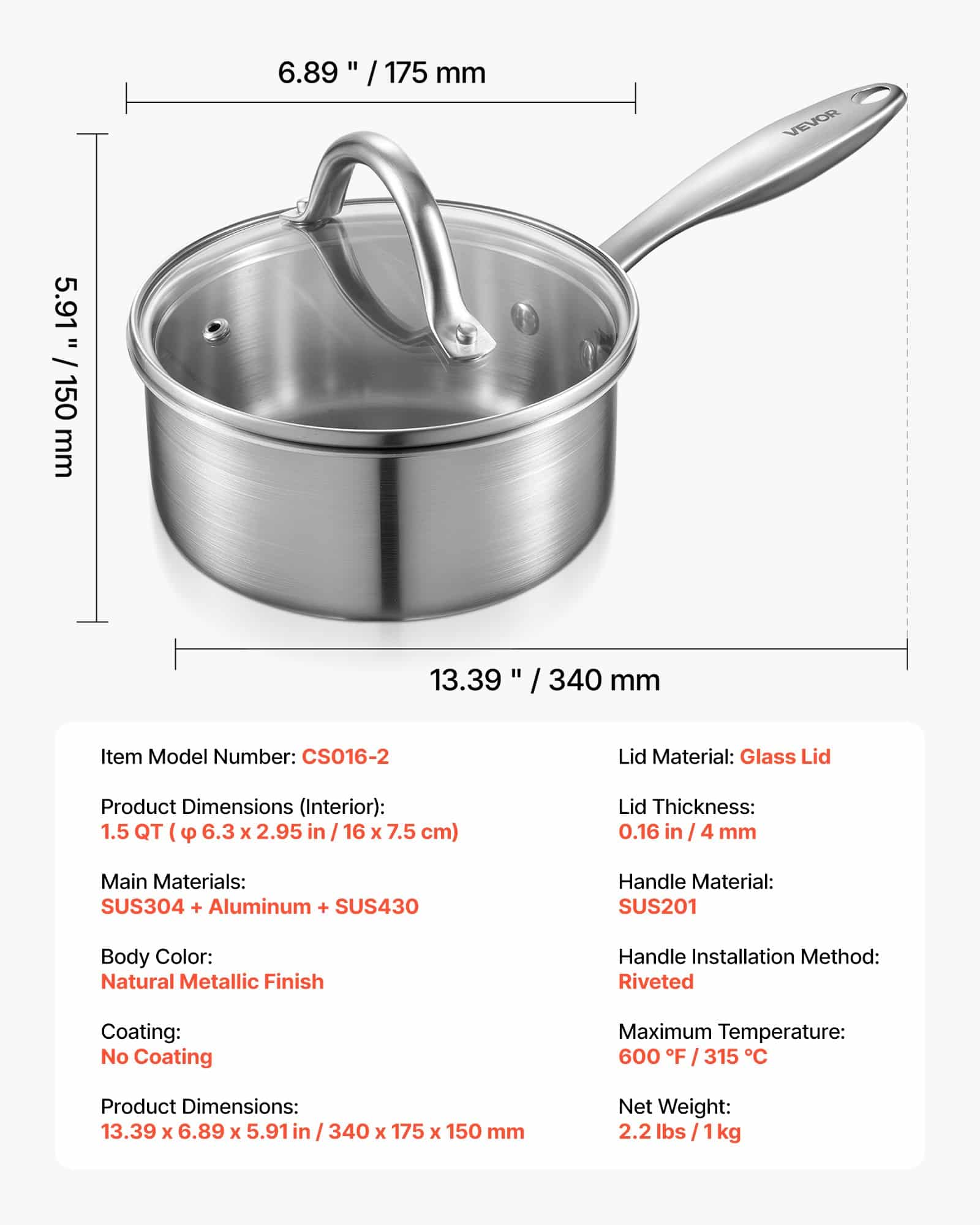 VEVOR 1.4L Stainless Steel Saucepan with Glass Lid, Nonstick Tri-Ply Pot for Induction, Oven & Dishwasher Safe — изображение 7