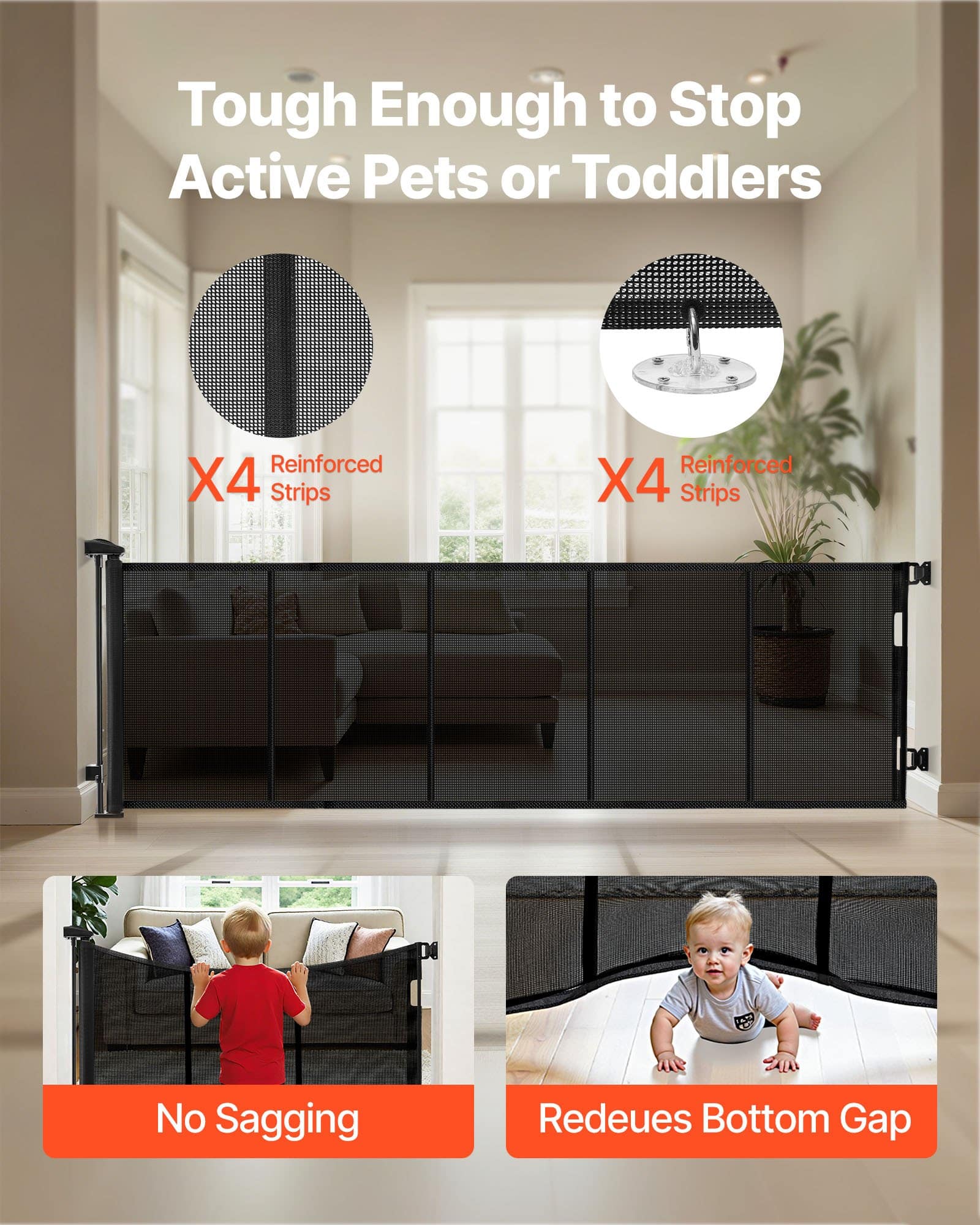 VEVOR Retractable Baby & Pet Gate, 3100 mm Wide, 795 mm Tall, Fiberglass Mesh, Indoor/Outdoor Safety Barrier, Black - Зображення 2