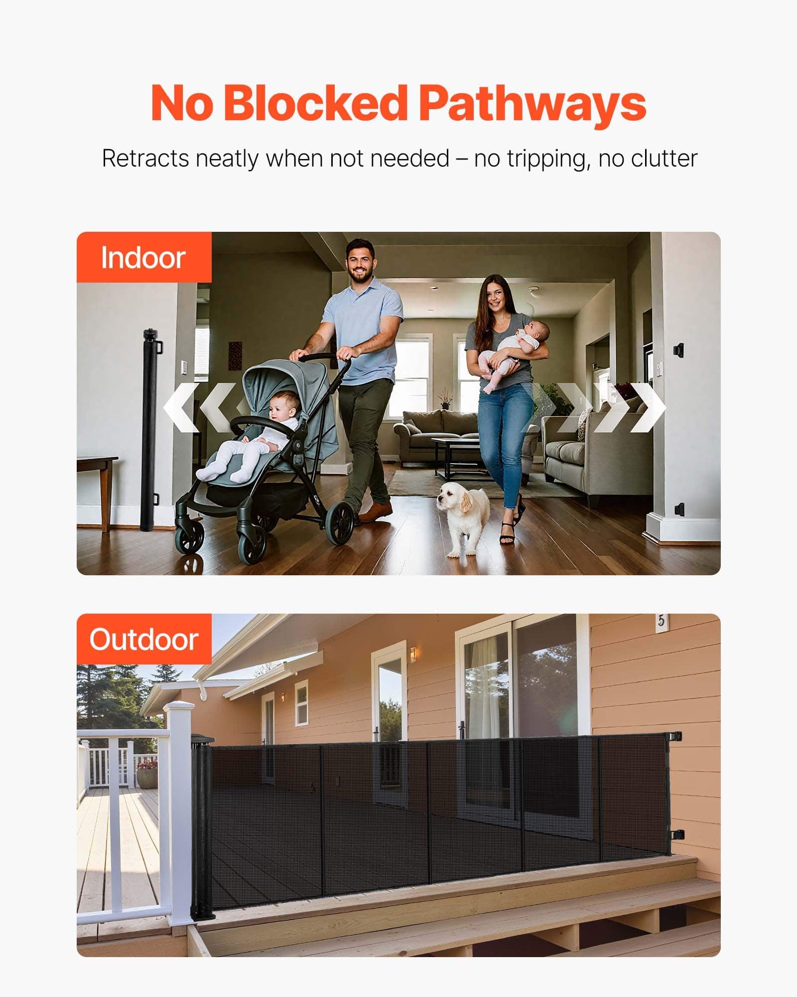 VEVOR Retractable Baby & Pet Gate, 3100 mm Wide, 795 mm Tall, Fiberglass Mesh, Indoor/Outdoor Safety Barrier, Black - Зображення 6