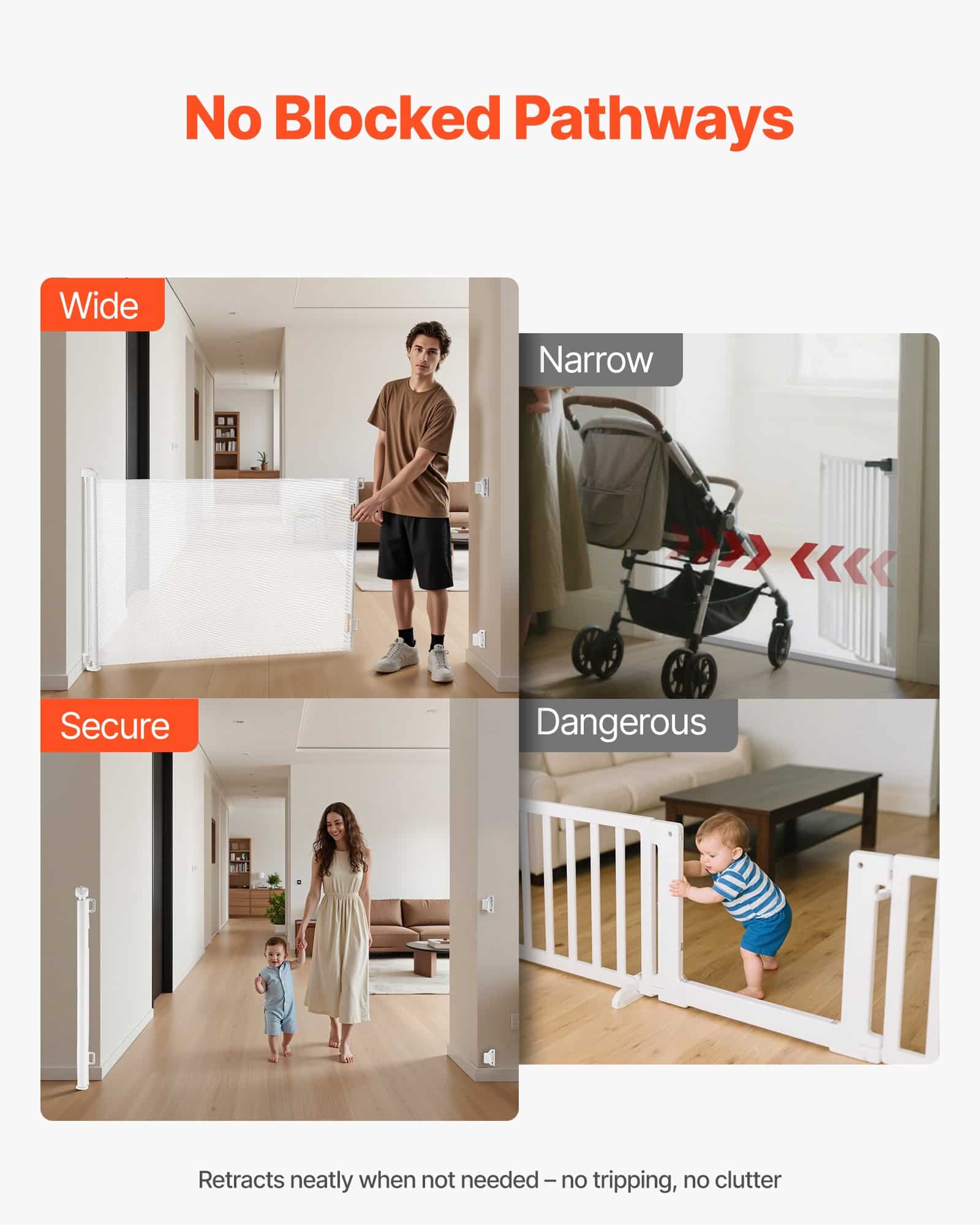 VEVOR Retractable Baby & Pet Gate, 1850 mm Wide, 795 mm Tall, Lockable Mesh Gate for Stairs & Hallways, Indoor/Outdoor, White - Image 6