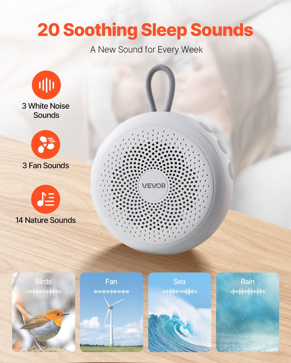 VEVOR 4-in-1 White Noise Machine with 20 Sleep Sounds, Soft Light, Timer, Memory & Child Lock – USB Rechargeable, Portable - Pilt 2