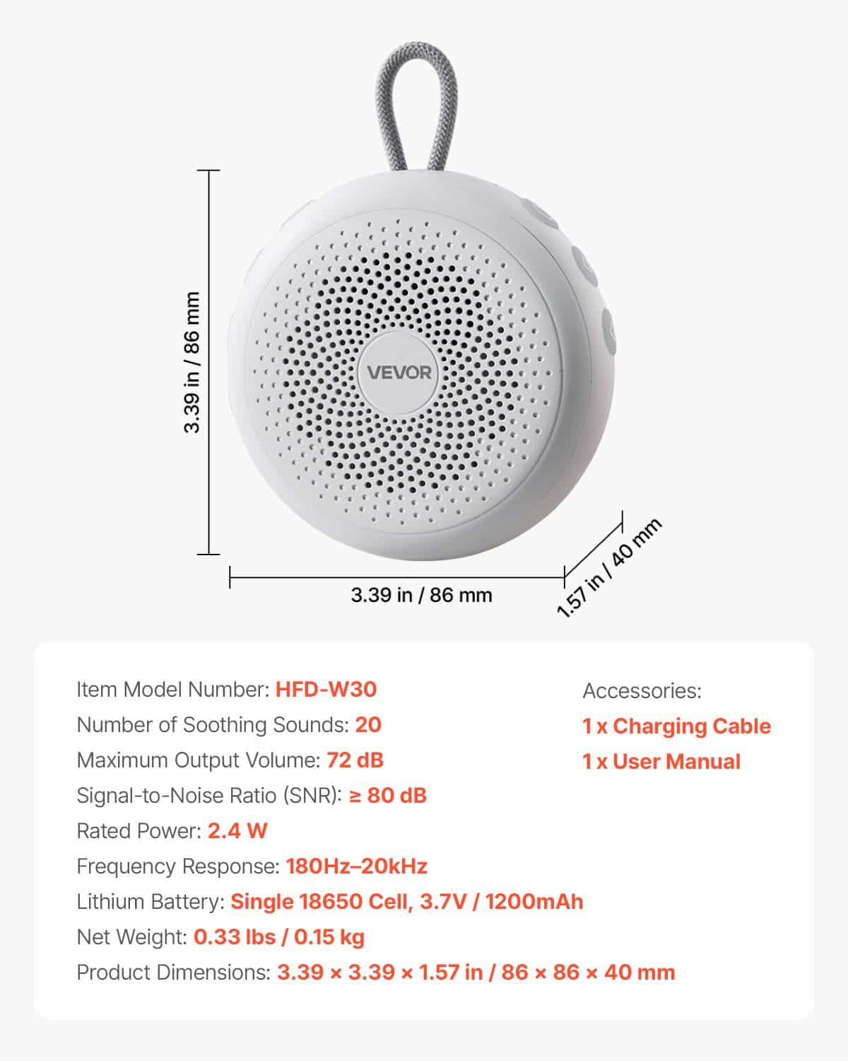 VEVOR 4-in-1 White Noise Machine with 20 Sleep Sounds, Soft Light, Timer, Memory & Child Lock – USB Rechargeable, Portable - Pilt 7