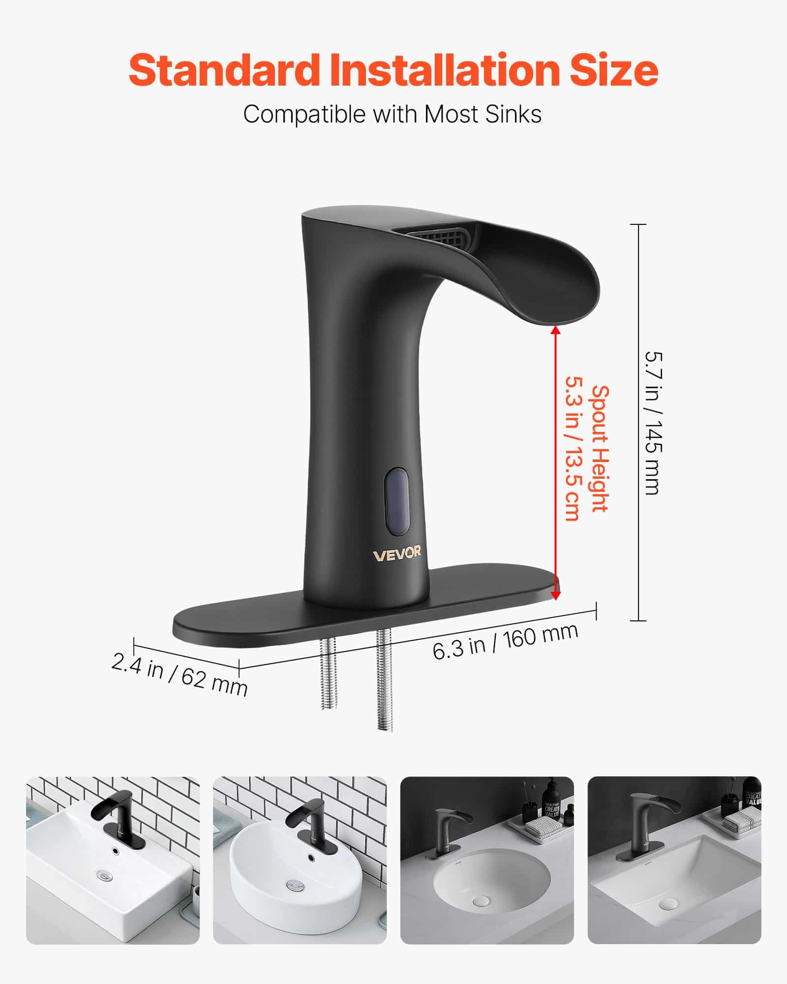 VEVOR Touchless Matte Black Bathroom Faucet, Automatic Sensor Tap with Hot/Cold Mixing Valve, Fits 9.5 mm Pipe - Зображення 3