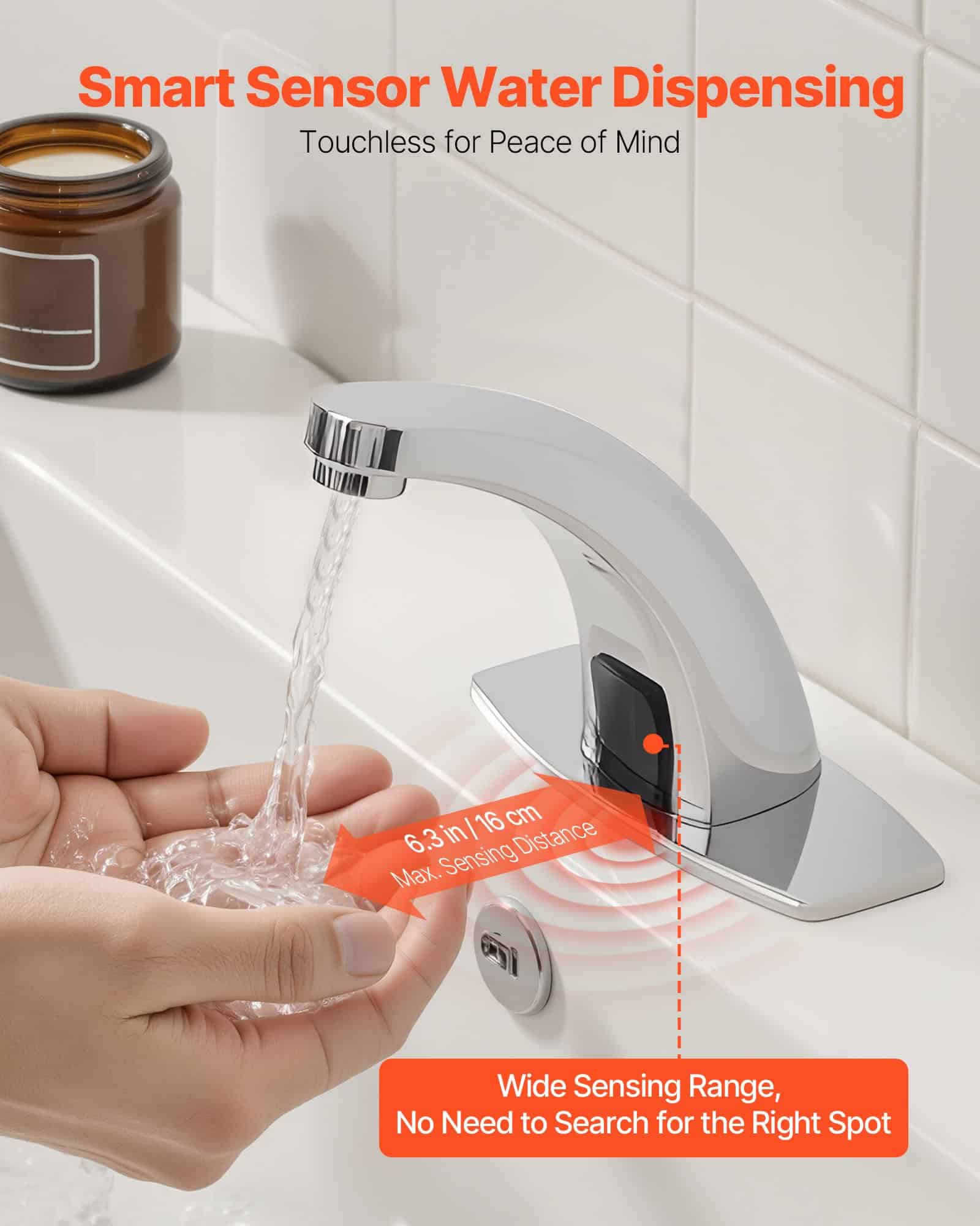 VEVOR Touchless Bathroom Faucet Chrome, Automatic Sensor, Hot/Cold Water, Battery Operated, Fits Ø9.5mm Pipe, Commercial Use - Зображення 2
