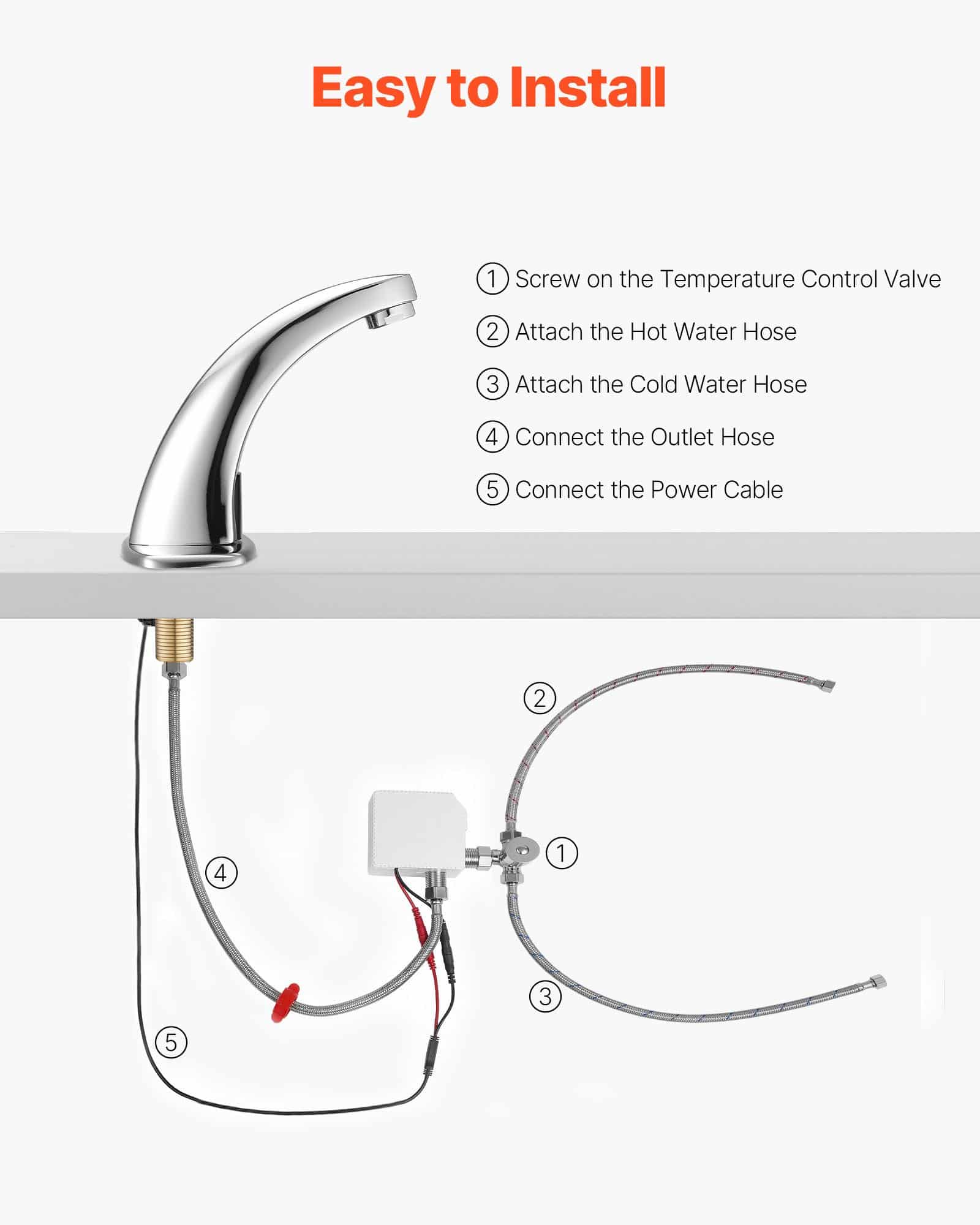 VEVOR Touchless Bathroom Faucet Chrome, Automatic Sensor, Hot/Cold Water, Battery Operated, Fits Ø9.5mm Pipe, Commercial Use - Зображення 5