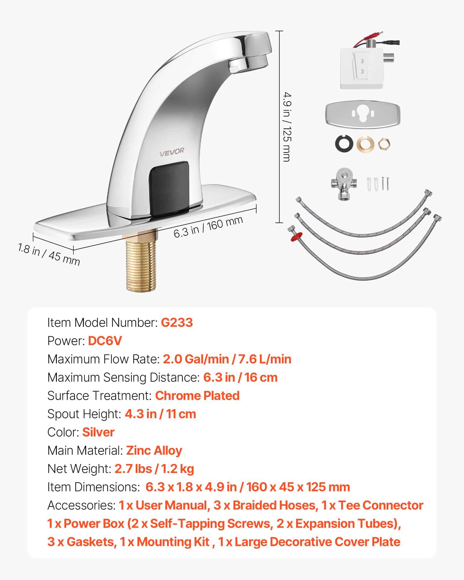 VEVOR Touchless Bathroom Faucet Chrome, Automatic Sensor, Hot/Cold Water, Battery Operated, Fits Ø9.5mm Pipe, Commercial Use - Зображення 7