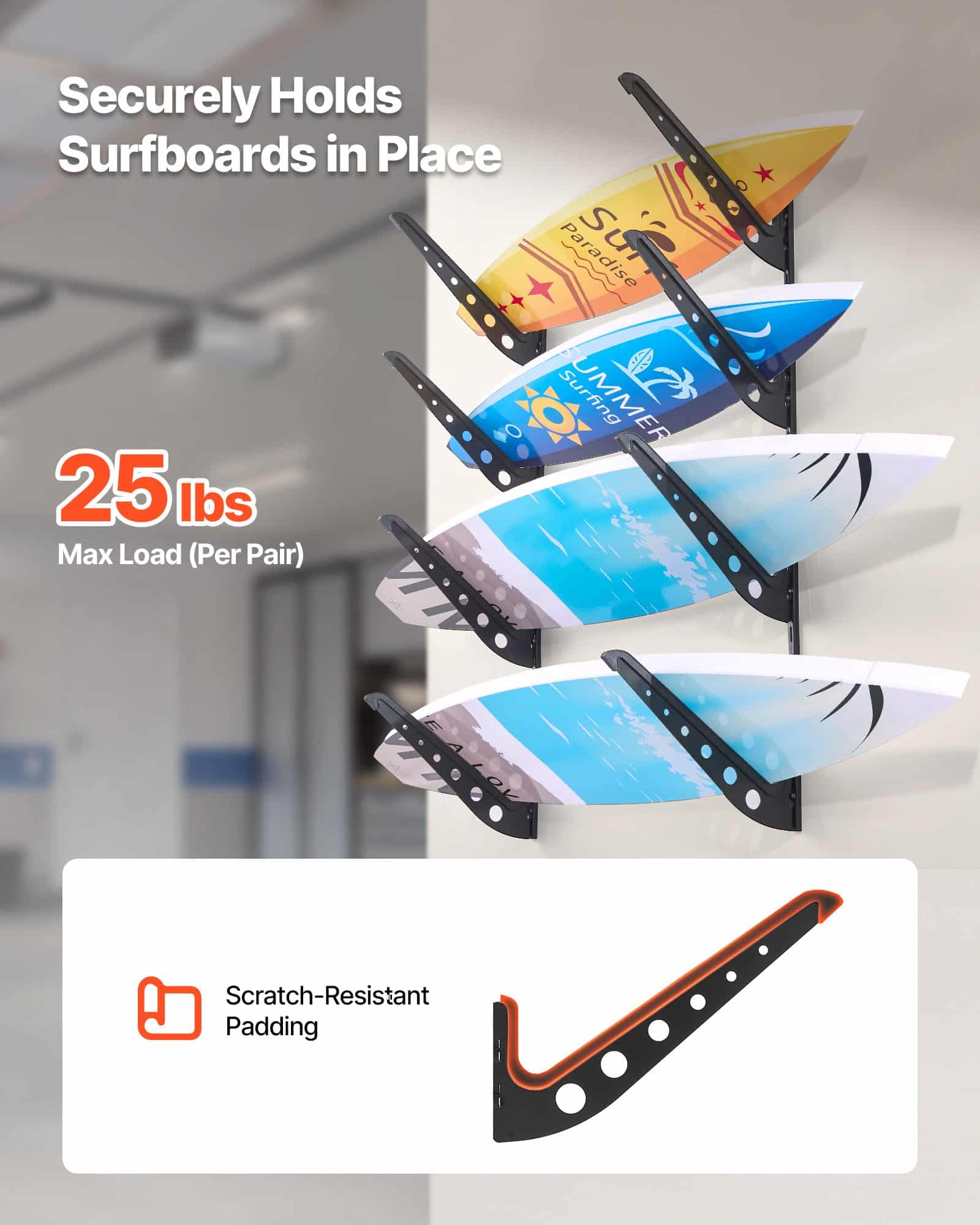 VEVOR 4-Tier Wall-Mounted Surfboard Rack, Adjustable Metal Storage for Surfboards, Skis, Snowboards & Skateboards, 45.3 kg Load - Image 3