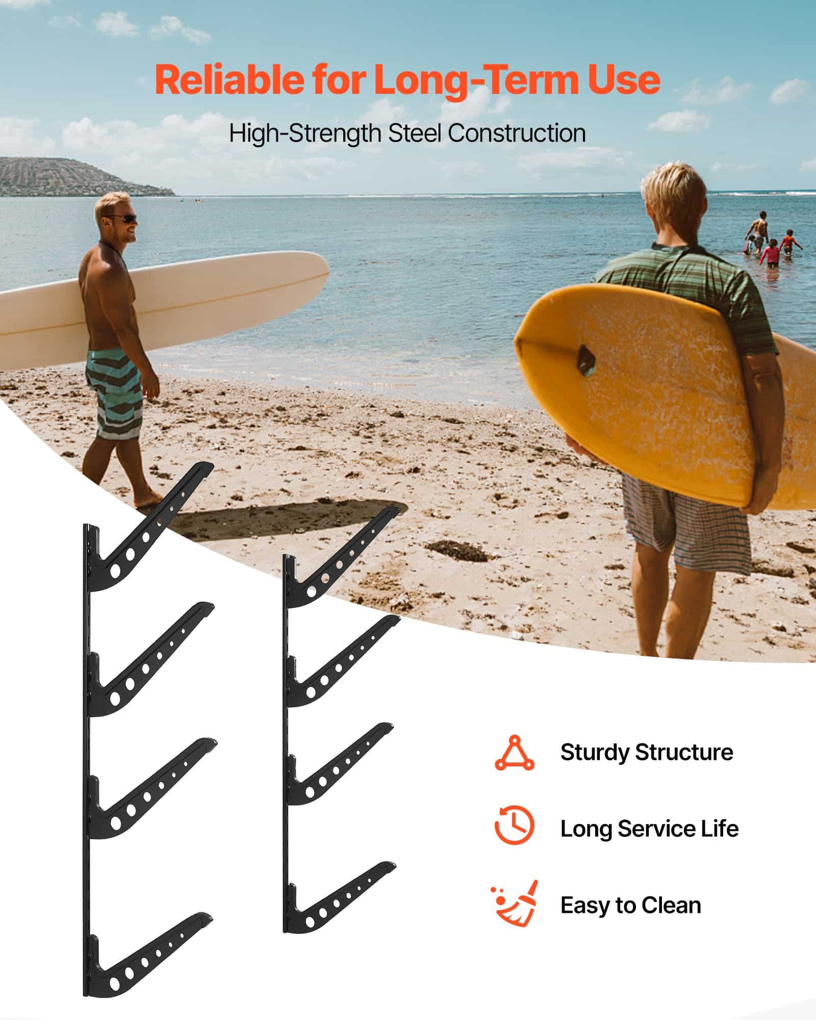 VEVOR 4-Tier Wall-Mounted Surfboard Rack, Adjustable Metal Storage for Surfboards, Skis, Snowboards & Skateboards, 45.3 kg Load - Image 4