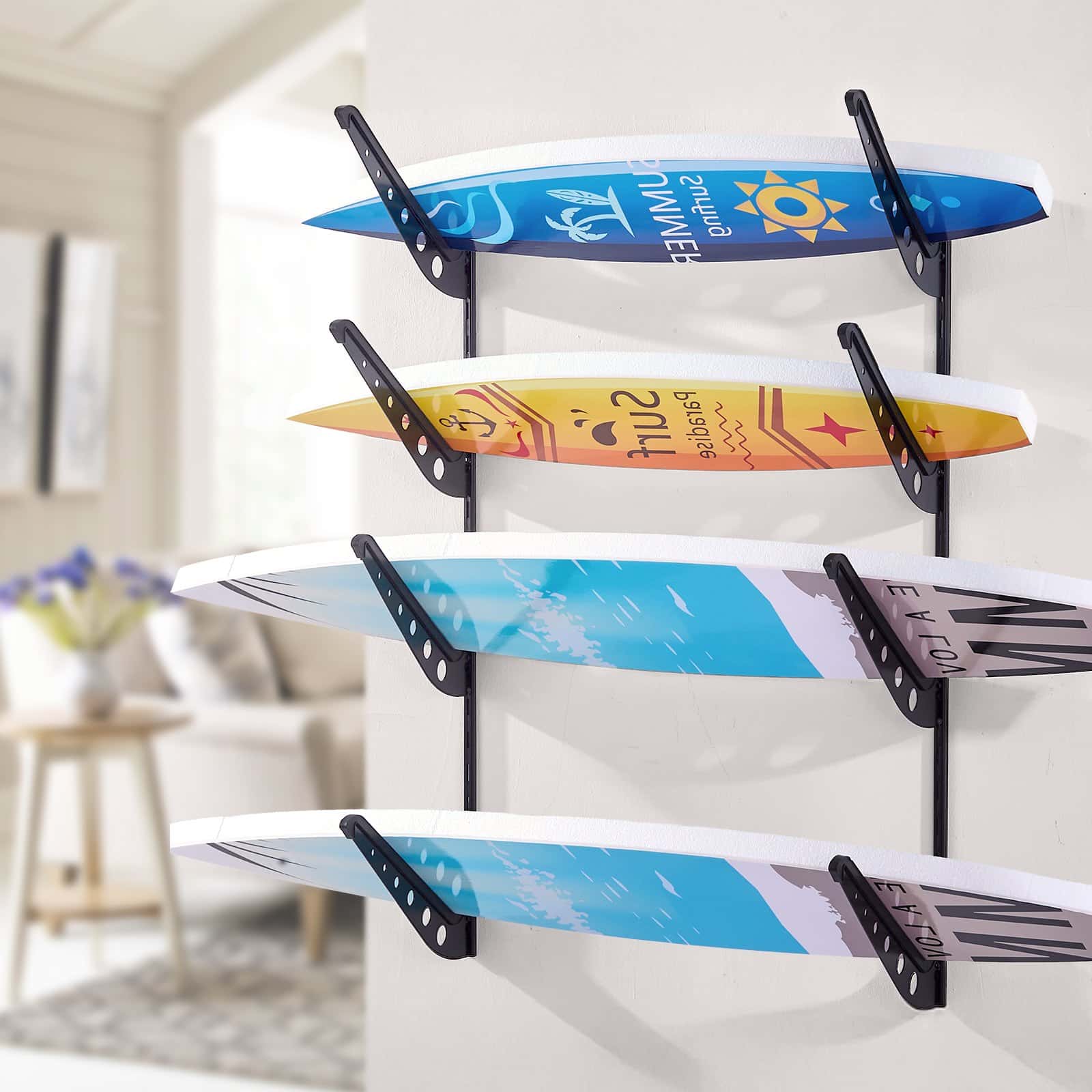 VEVOR 4-Tier Wall-Mounted Surfboard Rack, Adjustable Metal Storage for Surfboards, Skis, Snowboards & Skateboards, 45.3 kg Load - Image 8