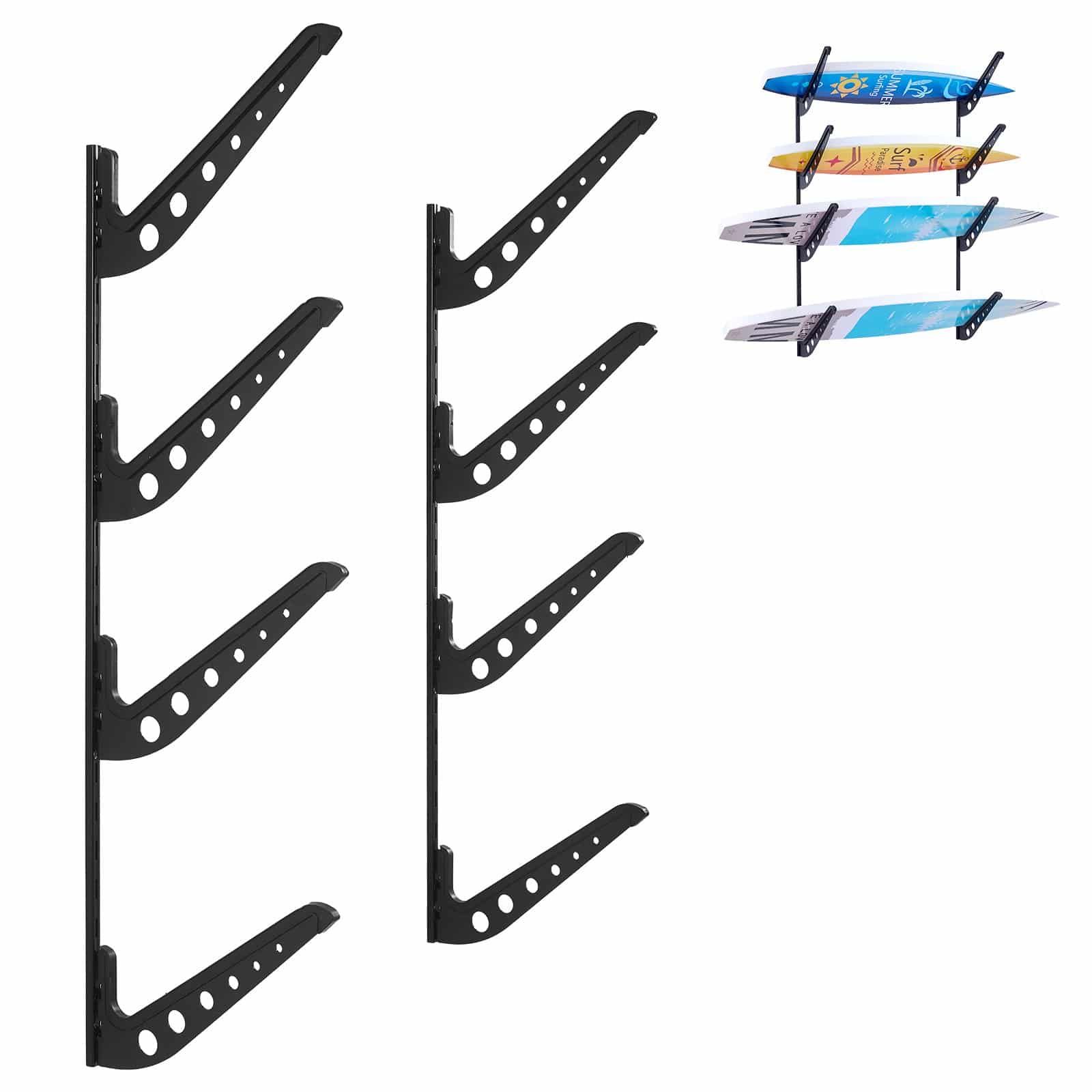 VEVOR 4-Tier Wall-Mounted Surfboard Rack, Adjustable Metal Storage for Surfboards, Skis, Snowboards & Skateboards, 45.3 kg Load