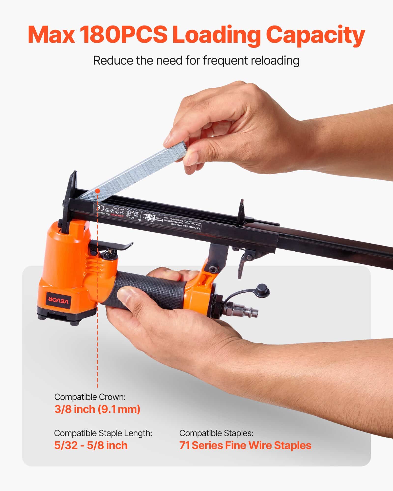 VEVOR 22 Gauge Pneumatic Staple Gun for 71 Series, 9.1mm Crown, 4–16mm Staples, 70–110 PSI, Upholstery & Woodworking Tool — attēls 3