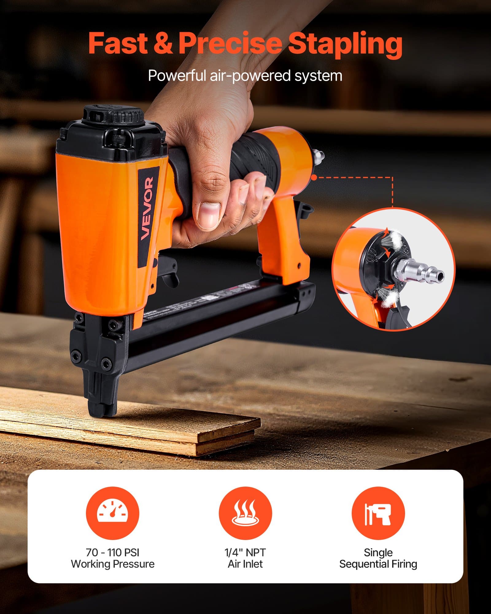 VEVOR 20 Gauge Pneumatic Staple Gun for 10.8mm Crown 4–16mm Staples, 70–110 PSI Air Stapler for Upholstery & Woodworking — attēls 2
