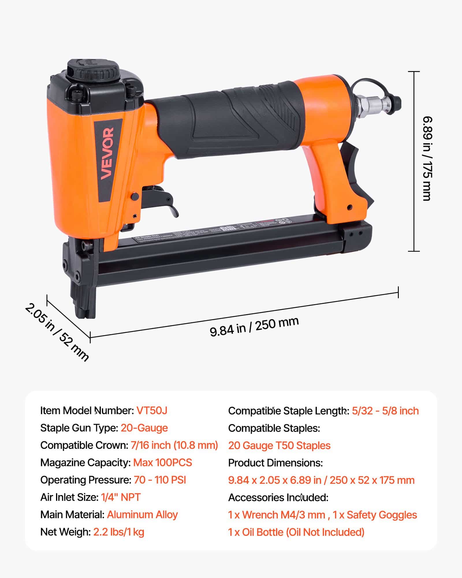 VEVOR 20 Gauge Pneumatic Staple Gun for 10.8mm Crown 4–16mm Staples, 70–110 PSI Air Stapler for Upholstery & Woodworking — attēls 7