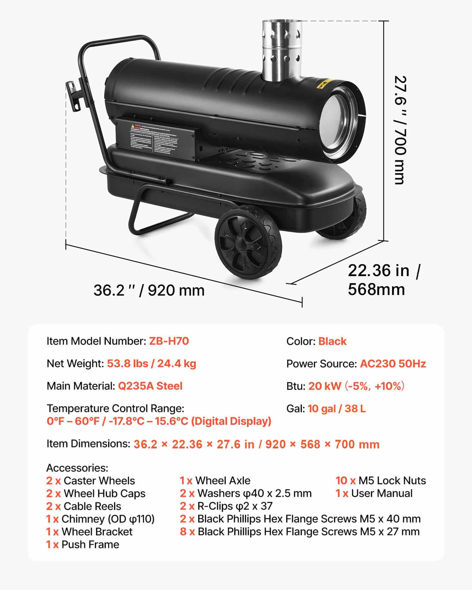 VEVOR 20kW Kerosene/Diesel Forced Air Heater with Wheels, 144L