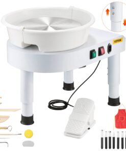 VEVOR Keraamika treipink 28cm, reguleeritav kiirus 60–300 RPM, jalapedaal, tõstetav laud, eemaldatav kauss, tööriistakomplekt, valge