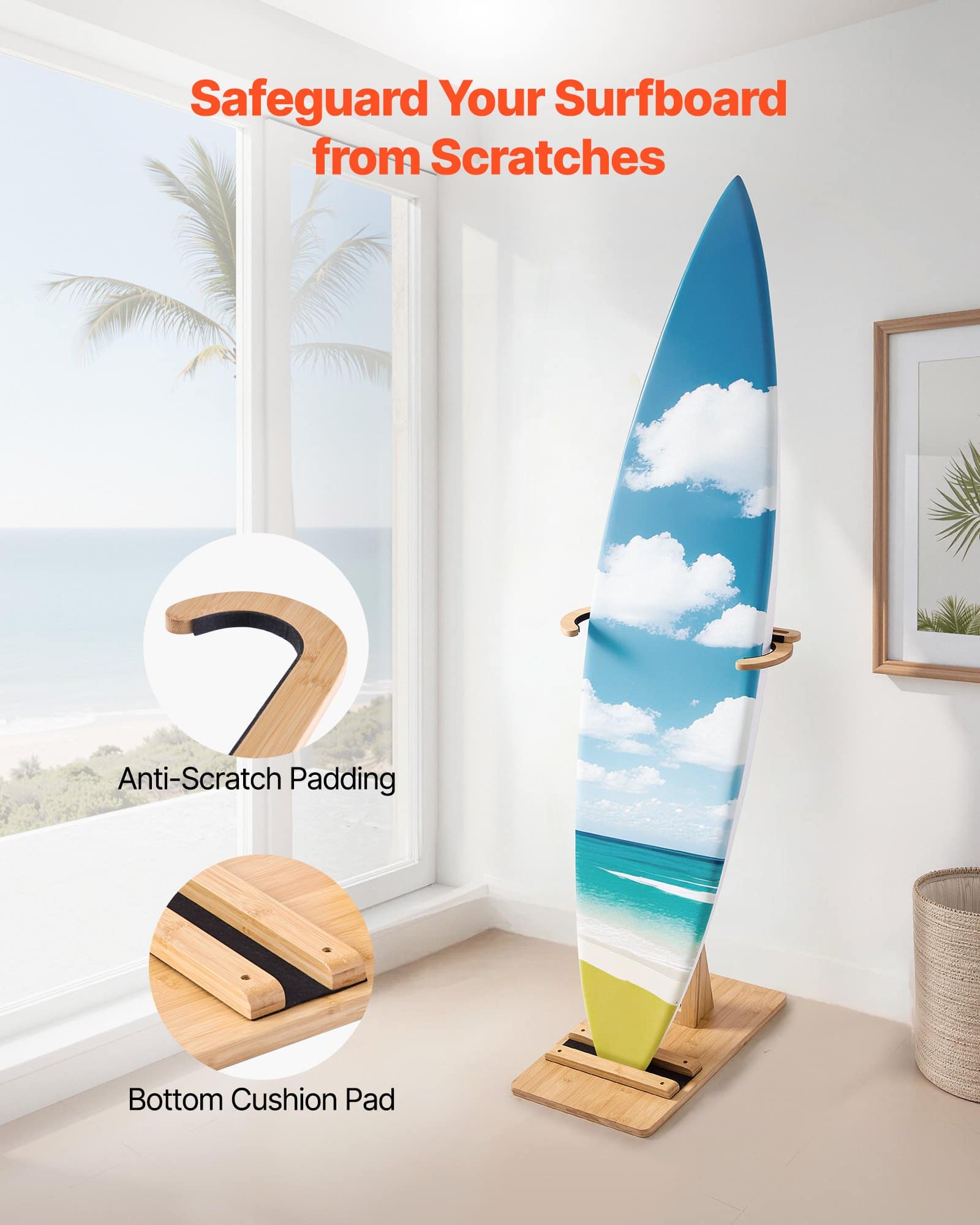 VEVOR Adjustable Wooden Vertical Surfboard Rack, Freestanding