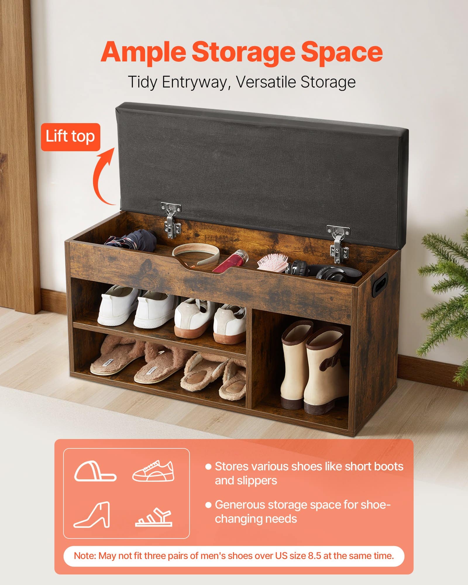 VEVOR Shoe Storage Bench with Cushion, 805x305x445 mm, Hidden Lift-Top & 3 Cabinets, Brown/Black, Hallway Organizer - Pilt 2