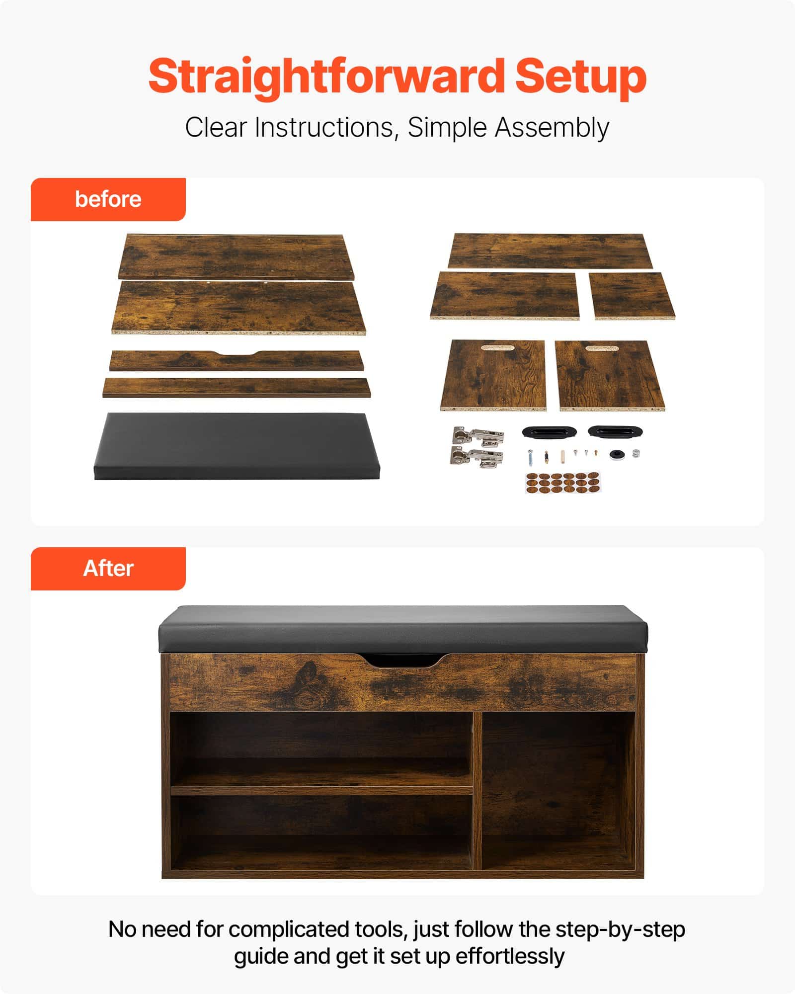 VEVOR Shoe Storage Bench with Cushion, 805x305x445 mm, Hidden Lift-Top & 3 Cabinets, Brown/Black, Hallway Organizer - Pilt 6
