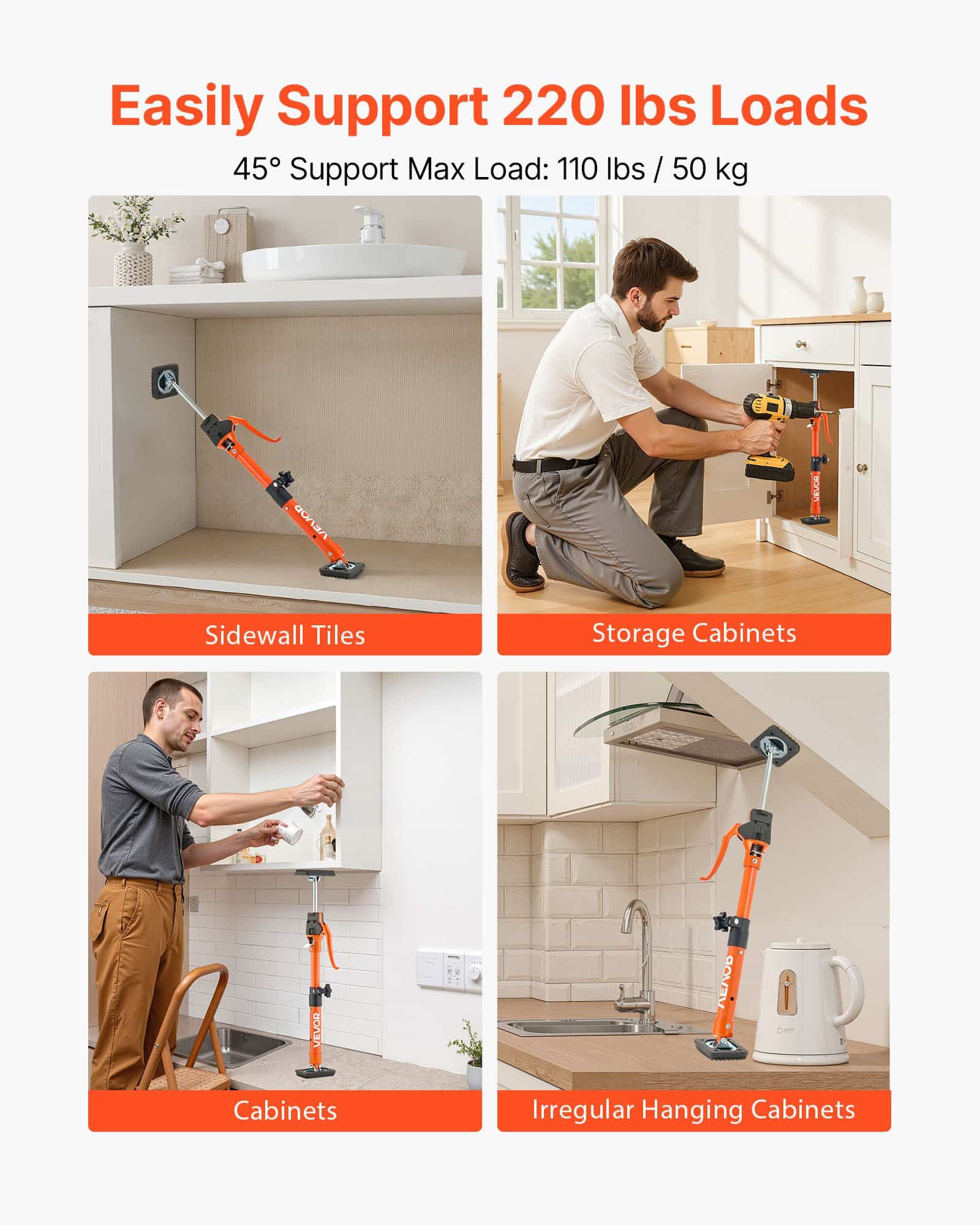 VEVOR Adjustable Cabinet Jack Support Poles 2-Pack, 40–60 cm Telescopic Steel Rods, 100 kg Load for Drywall & Cabinet Install - Image 3