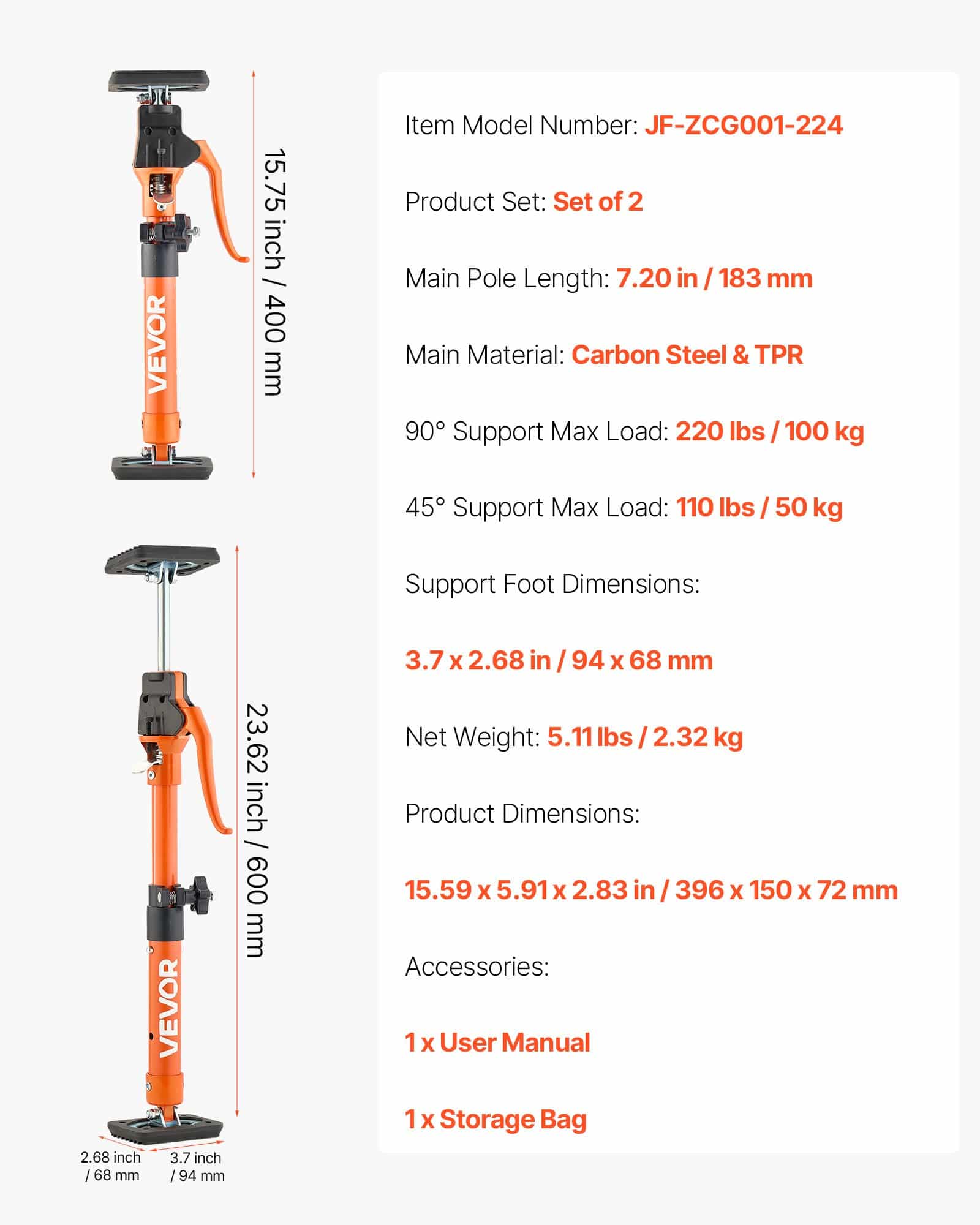 VEVOR Adjustable Cabinet Jack Support Poles 2-Pack, 40–60 cm Telescopic Steel Rods, 100 kg Load for Drywall & Cabinet Install - Image 7