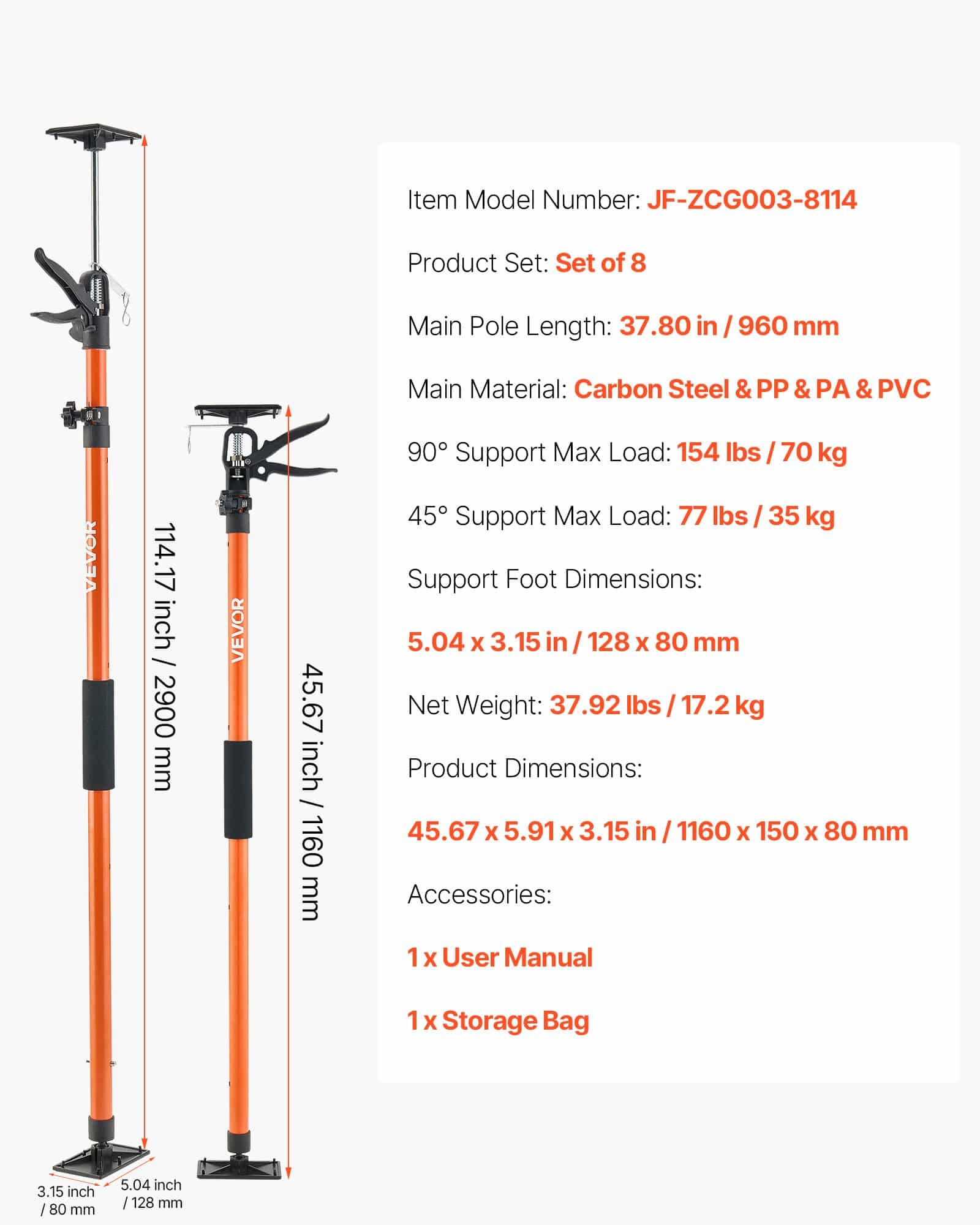 VEVOR 8-Pack Telescopic Cabinet Support Poles, 116–290 cm, 70 kg Load, Adjustable Jack for Cabinets, Drywall & Cargo - Image 7