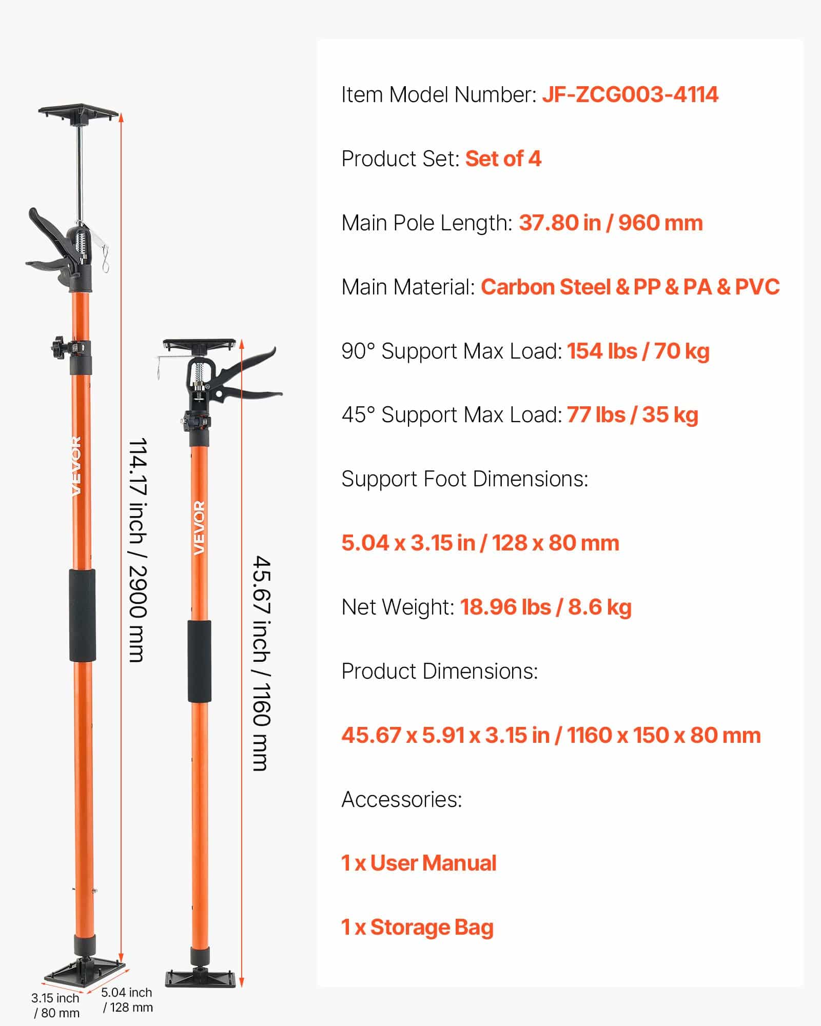 VEVOR 4-Pack Adjustable Cabinet Support Poles, 116–290 cm Steel Telescopic Jacks, 70 kg Load, for Drywall & Cabinets Install - Image 7