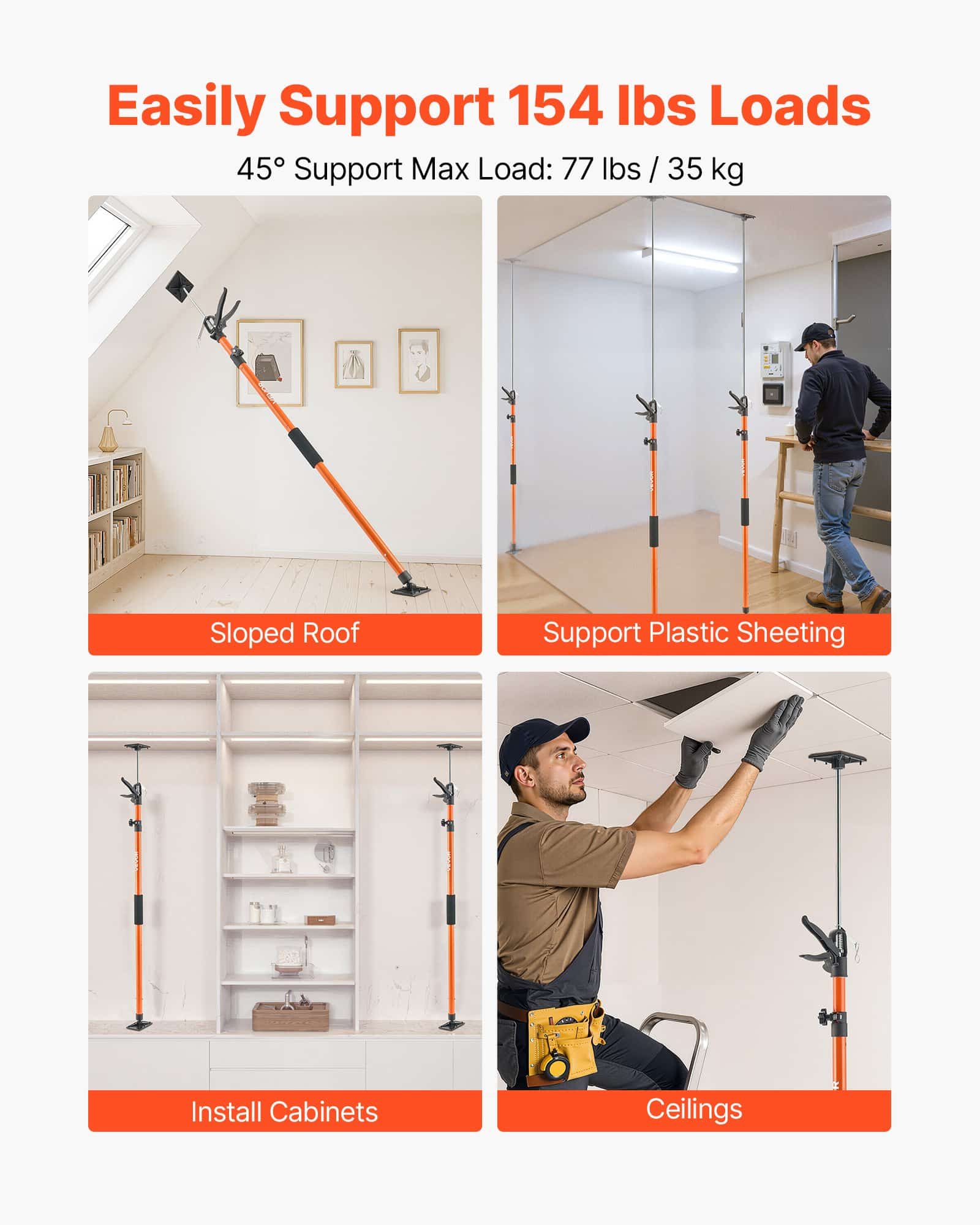 VEVOR Adjustable Cabinet Jack Support Poles 2-Pack, 116–290 cm, 70 kg Load, Telescopic Rods for Drywall & Cabinet Installation - Image 3