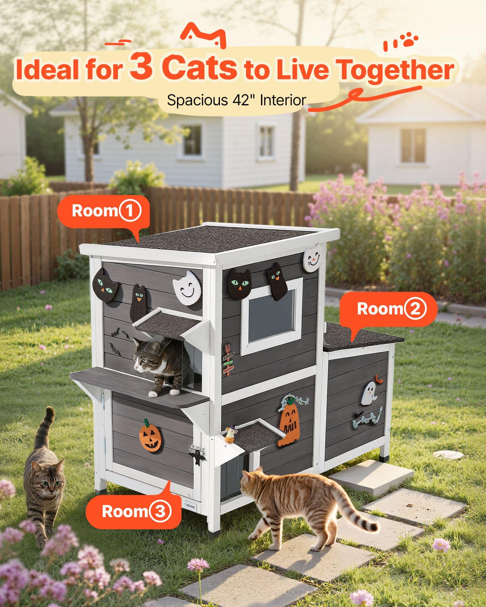 VEVOR 2-Story Outdoor Wooden Cat House, Waterproof Shelter for 3 Cats, 107x63x86 cm, with Stairs, Windows & Flap Doors - Image 2