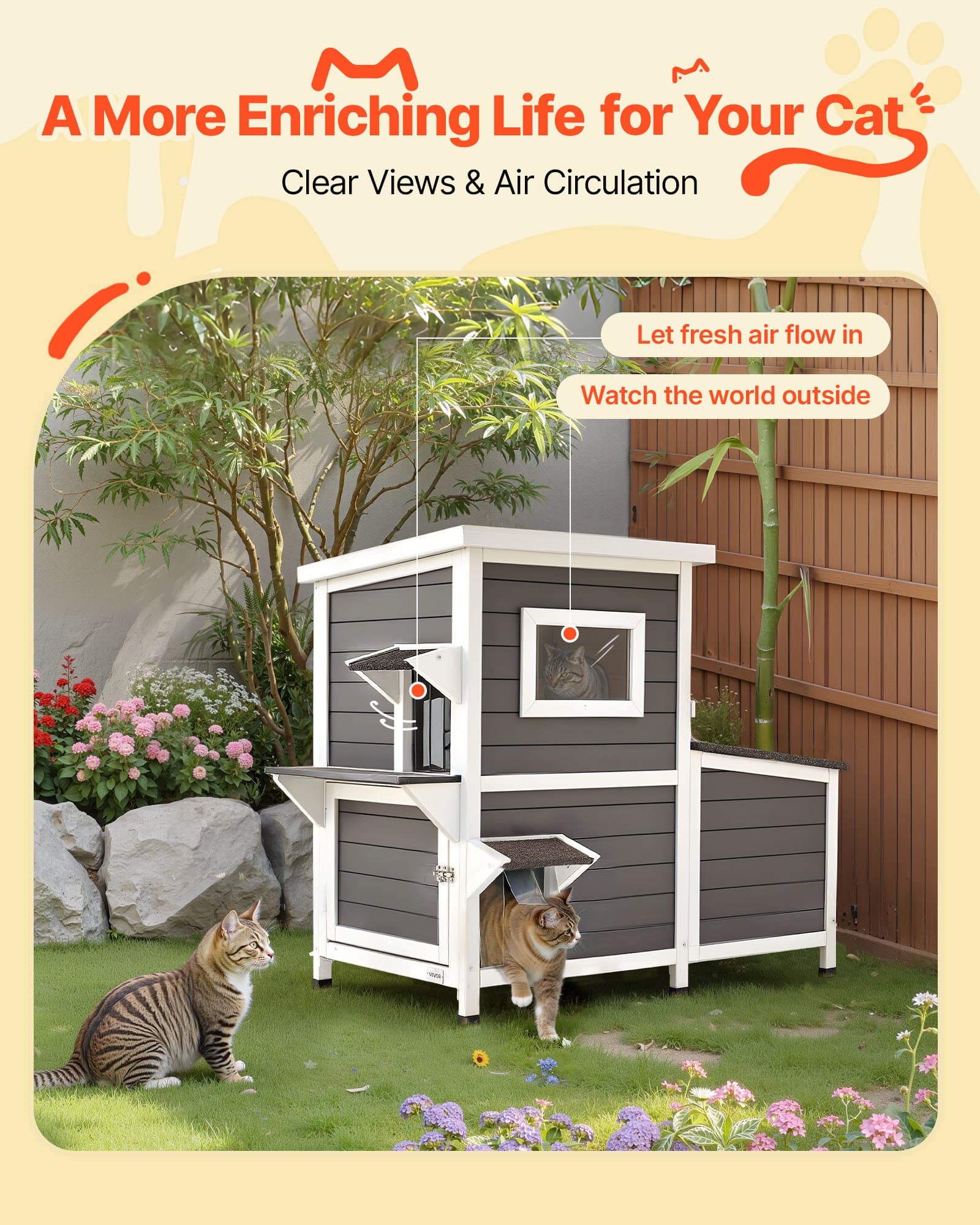 VEVOR 2-Story Outdoor Wooden Cat House, Waterproof Shelter for 3 Cats, 107x63x86 cm, with Stairs, Windows & Flap Doors - Image 3
