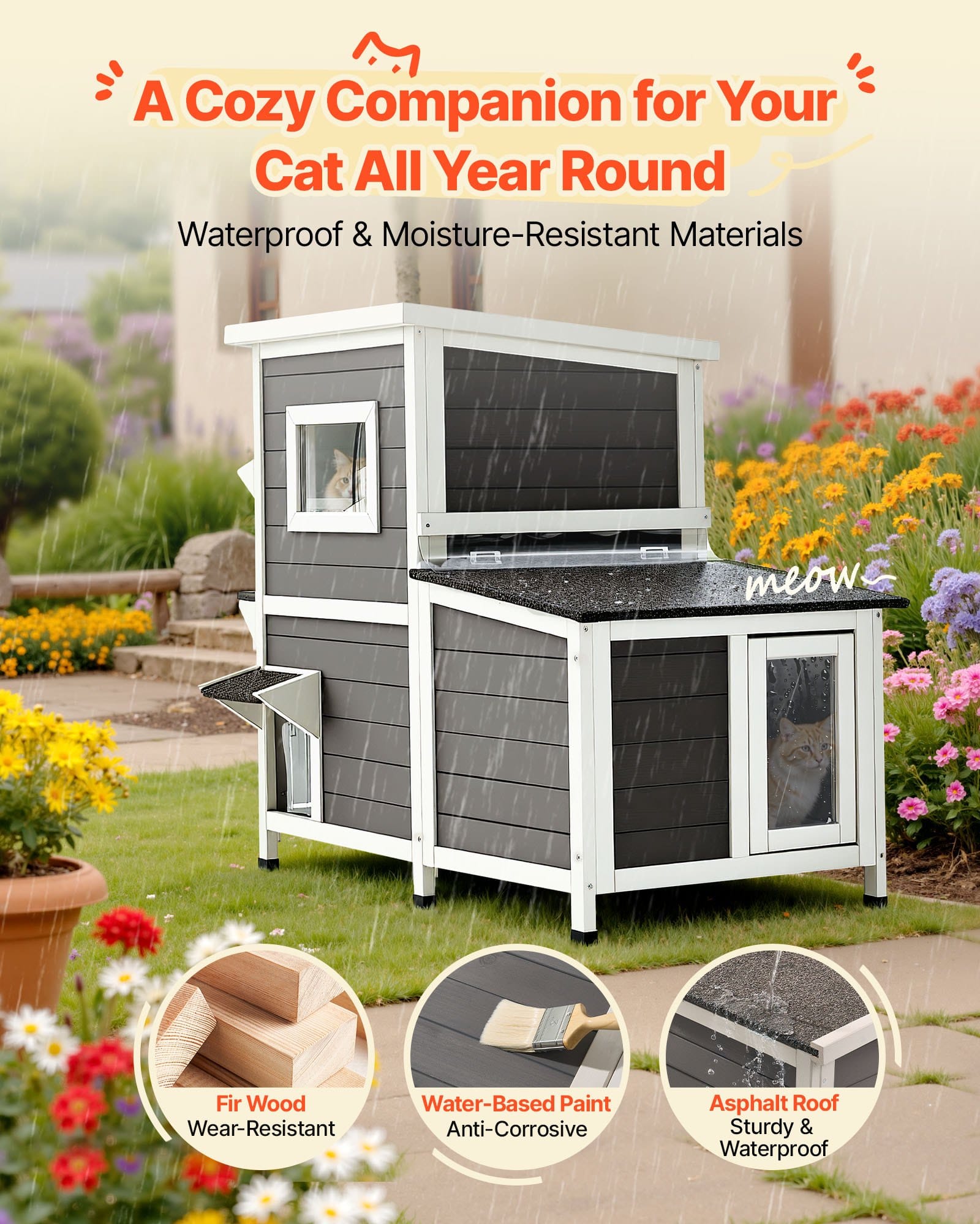 VEVOR 2-Story Outdoor Wooden Cat House, Waterproof Shelter for 3 Cats, 107x63x86 cm, with Stairs, Windows & Flap Doors - Image 4